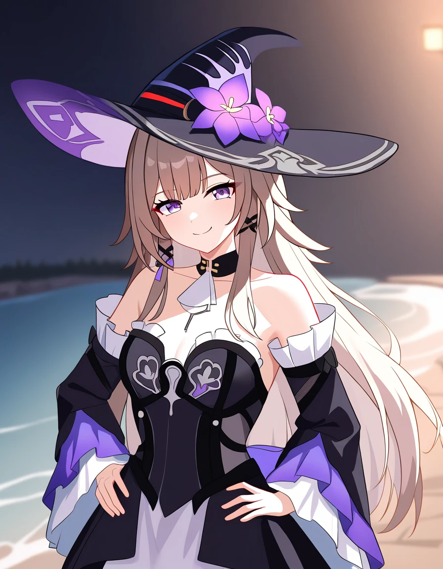 1 girl, game CG, orange bikini, orange short skirt, black witch hat, cloak, hair ribbon, gigantic breasts, light purple hair, long hair, french braid, purple eyes, smile, one arm raised, night, amusement park, Halloween background,