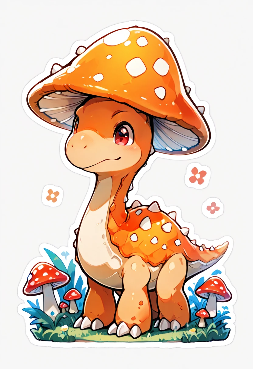 solo, red eyes, white background, closed mouth, standing, full body, flower, no humans, grass, claws, outline, white outline, mushroom, dinosaur, orange skin, ,<lora:KawaiiKritterIXL:1.0>,