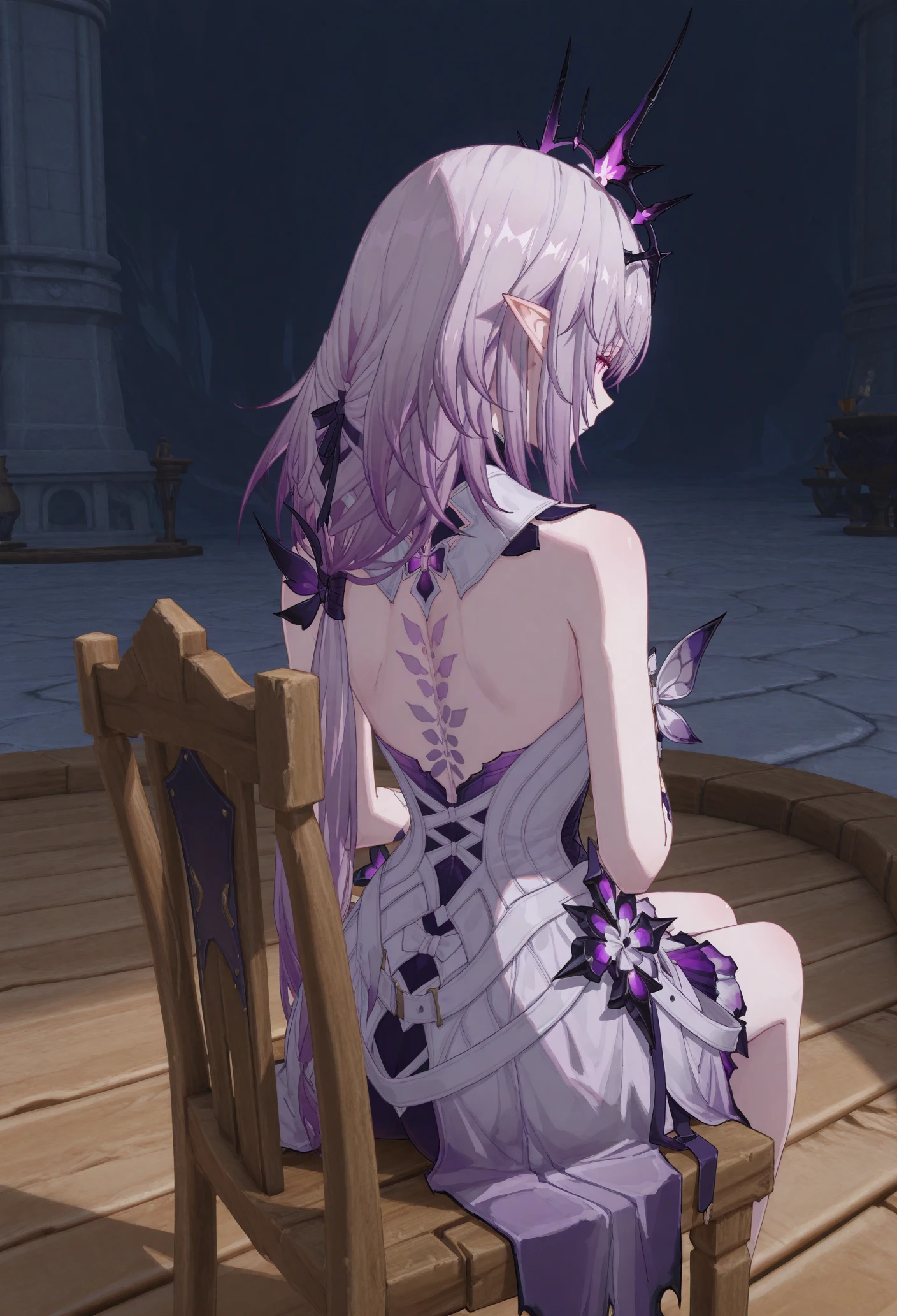 1girl, castorice, pointy ears,
sitting on wooden chair, from behind,
masterpiece, <lora:castorice10:0.85>,