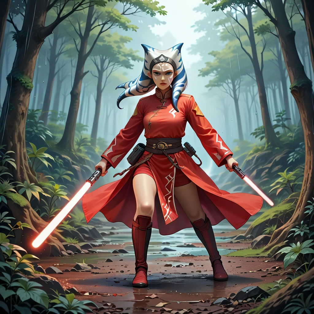 score_9, score_8_up, score_7_up, ahsoka_tano, star_wars, 1girl, blue_eyes, holding a light saber, rain forest, side stance, weapon raised, legs spread, knees bent, light saber held up, fighting stance, (HD, masterpiece, best quality, hyper detailed, ultra detailed),amazing, realistic, traditional_chinese_clothes_pony<lora:pony\style\Hyper_Realism_Pony_XL.safetensors:0.7000000000000001:0.7000000000000001> <lora:pony\mine\traditional_chinese_clothes_pony.safetensors:0.32:0.32>