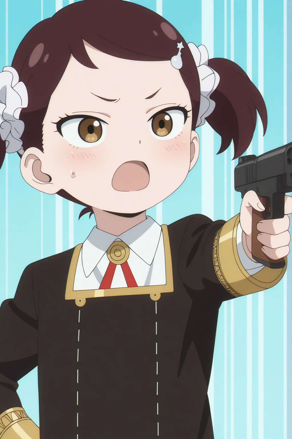 newest, anime coloring, anime screencap, Becky Blackbell, military uniform, pointing_at_viewer, holding_gun <lora:Spy_X_Family_-_Becky_Blackbell-Illustrious:0.8>