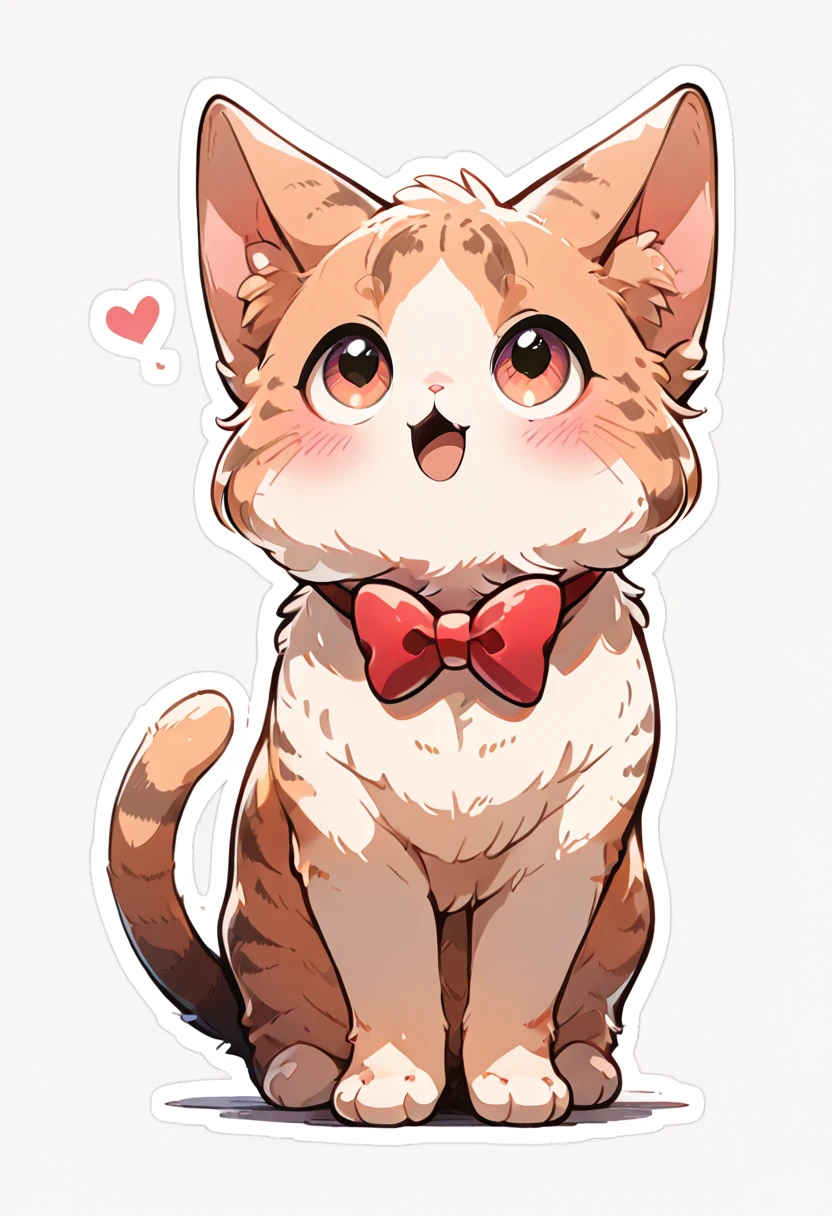 solo, blush, smile, open mouth, simple background, white background, bow, full body, heart, bowtie, red bow, speech bubble, no humans, animal, cat, looking up, spoken heart, outline, animal focus ,<lora:KawaiiKritterIXL:1.0>,