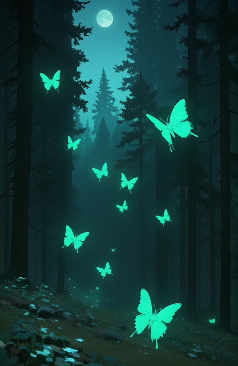 <lora:noctra-style:1.5>, the glowing Monarque butterflies migration through a pine forest, dark night, moonlight, cinematic composition, n0ctra