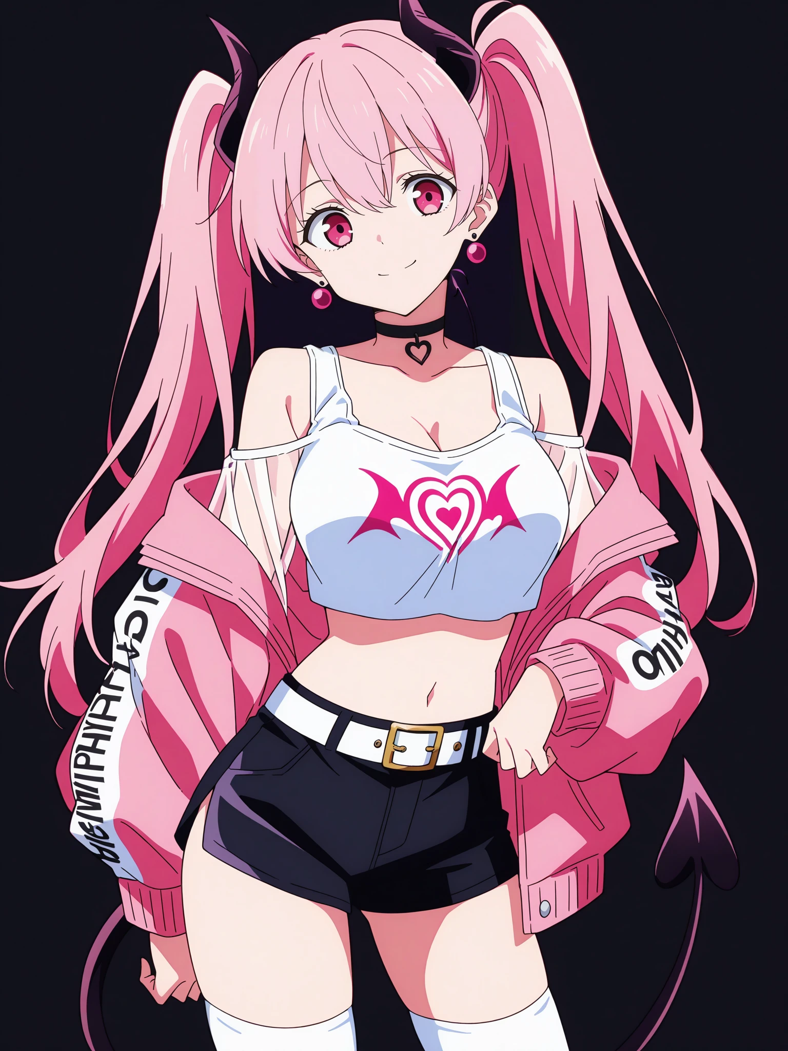 1girl, solo, breasts, tail, pink_hair, horns, demon_tail, shorts, jacket, twintails, large_breasts, smile, looking_at_viewer, long_hair, navel, choker, black_background, pink_eyes, short_shorts, belt, demon_girl, pink_jacket, demon_horns, simple_background, tank_top, open_jacket, cleavage, black_shorts, open_clothes, thighhighs, off_shoulder, bare_shoulders, closed_mouth, head_tilt, hair_between_eyes, cowboy_shot, jewelry, micro_shorts, collarbone, black_choker, white_thighhighs, crop_top, bangs, earrings, clothes_writing, shirt, midriff, standing, see-through, contrapposto, long_sleeves,
<lora:Jujutsu_Kaisen_Illustrious_SD8:1>