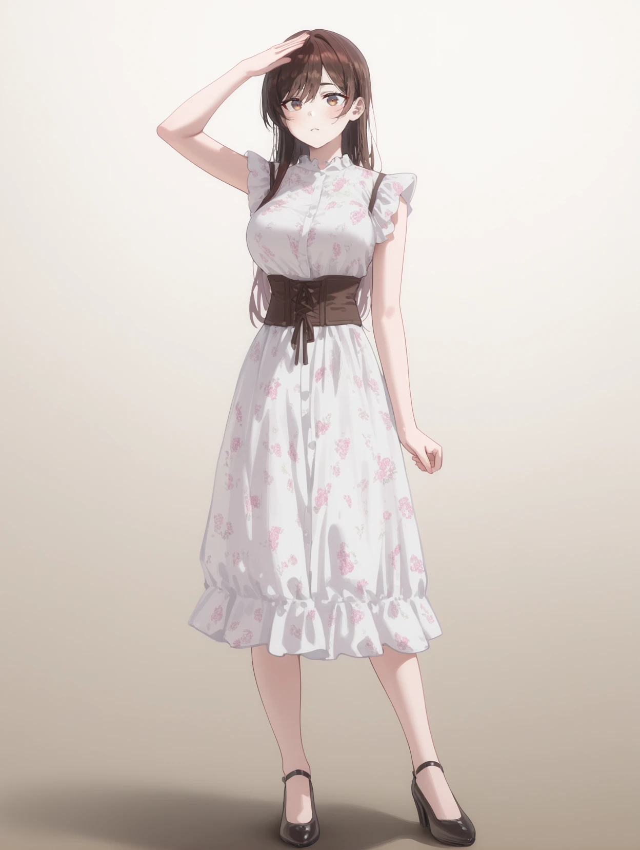 masterpiece,best quality,amazing quality,very aesthetic,absurdres,newest,
front view,full_shot,Side-eye,
ChinoseChizuruCYQL,1girl,solo,brown hair,long hair,bangs,brown eyes,large breasts,Floral print tea-length dress with a fitted bodice and flared skirt,
full body,standing,arm_above_head,,
aliceblue background,simple background,
<lora:spo_sdxl_10ep_4k-data_lora_webui>,<lora:NOOB_EPSv1_1_detailer_by_vlnvk_v1_0>,<lora:shiej007>,,<lora:ChinoseChizuruCYQL:1>,