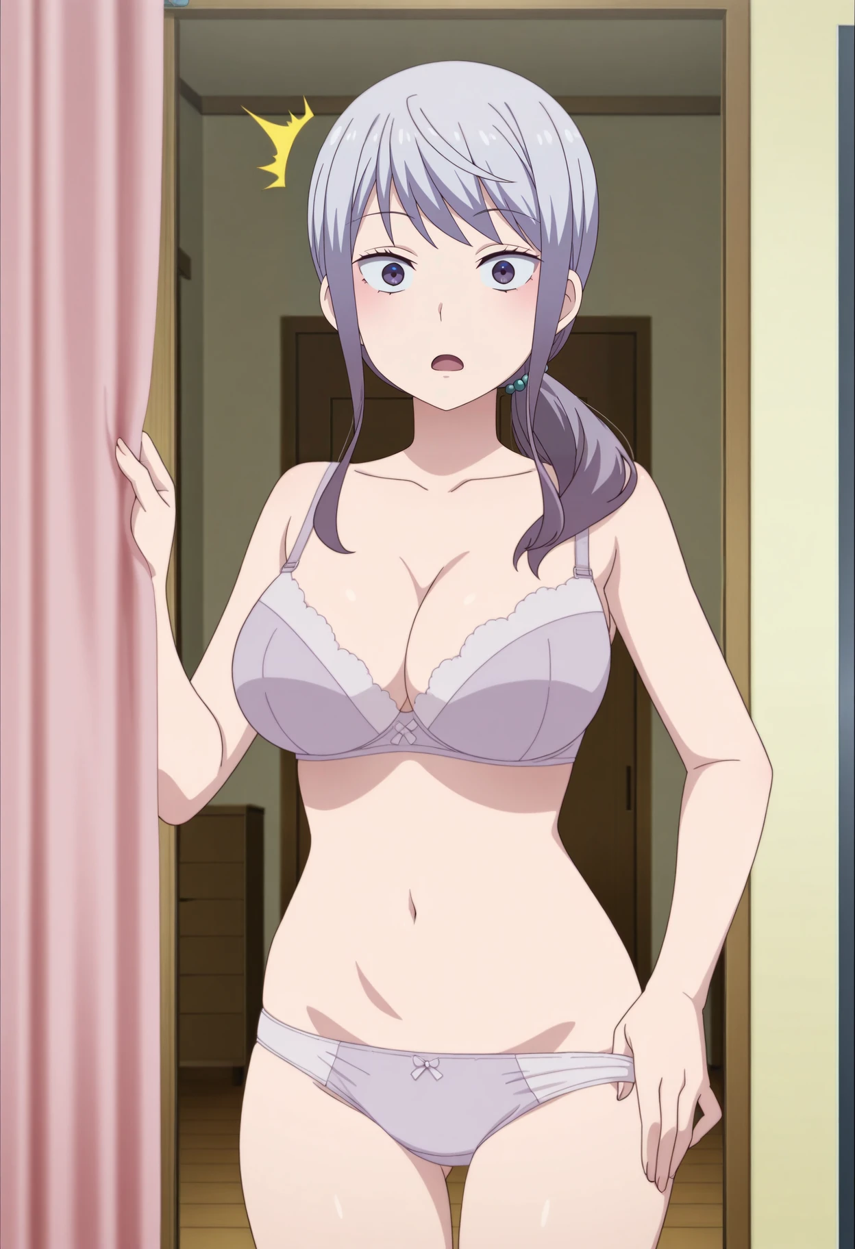 1 girl, kanon kanase, blush, medium breasts, sleeveless, bra, panties, cowboy shot, 20-year-old, healthy skin, blushed, 