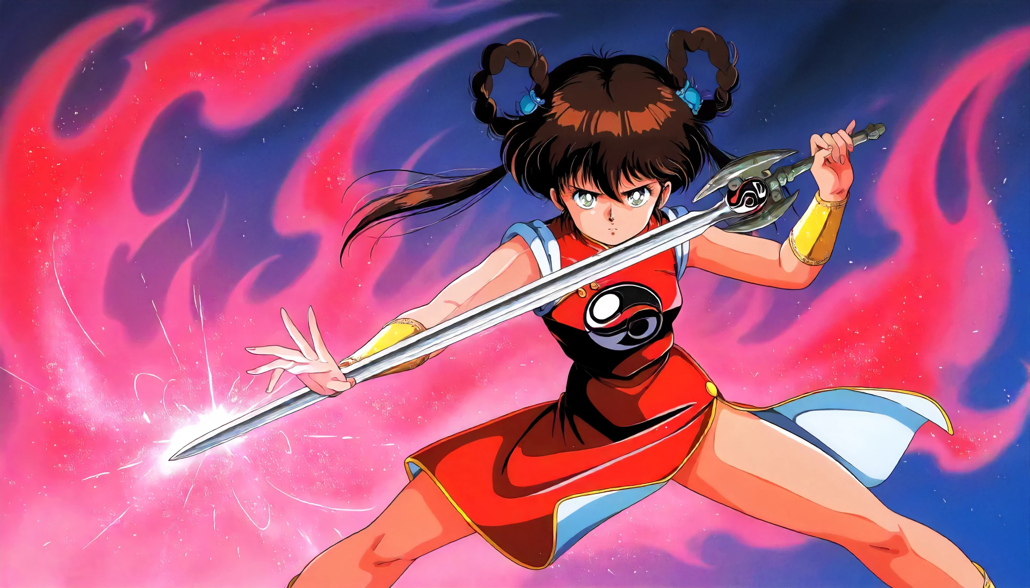 <lora:MHY_mano_youkoXLIllustrious001>,
masterpiece,best quality,good quality,newest,
glitter,
serious,
looking at viewer,
solo,
anime coloring,retro artstyle,1980s \(style\),
mano_youko\(mamono_hunter_youko\),1girl,brown hair,hair rings,twintails,green eyes,
red china_dress,sleeveless,yin yang,side slit,
bracer,
ankle guard,
high heels,
standing,
fighting_stance,holding sword,magic,aura effect,