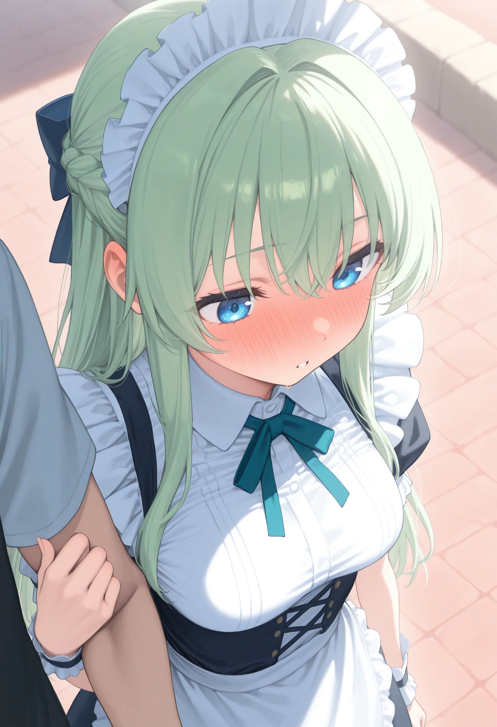 1girl,(sho \(sho lwlw\):0.7),(toosaka asagi:0.5),(sincos:0.3),solo,
masterpiece, best quality, newest, absurdres, CG, anime, source anime, illustration,
maid, maid headdress,medium breasts,
arm hug,solo focus, out of frame, holding another's arm, <lora:armhug_Illust_v1:0.8>
from above, portrait, looking down, green hair, blue eyes,full-face blush, on cruisers, parted lips, half updo hair,