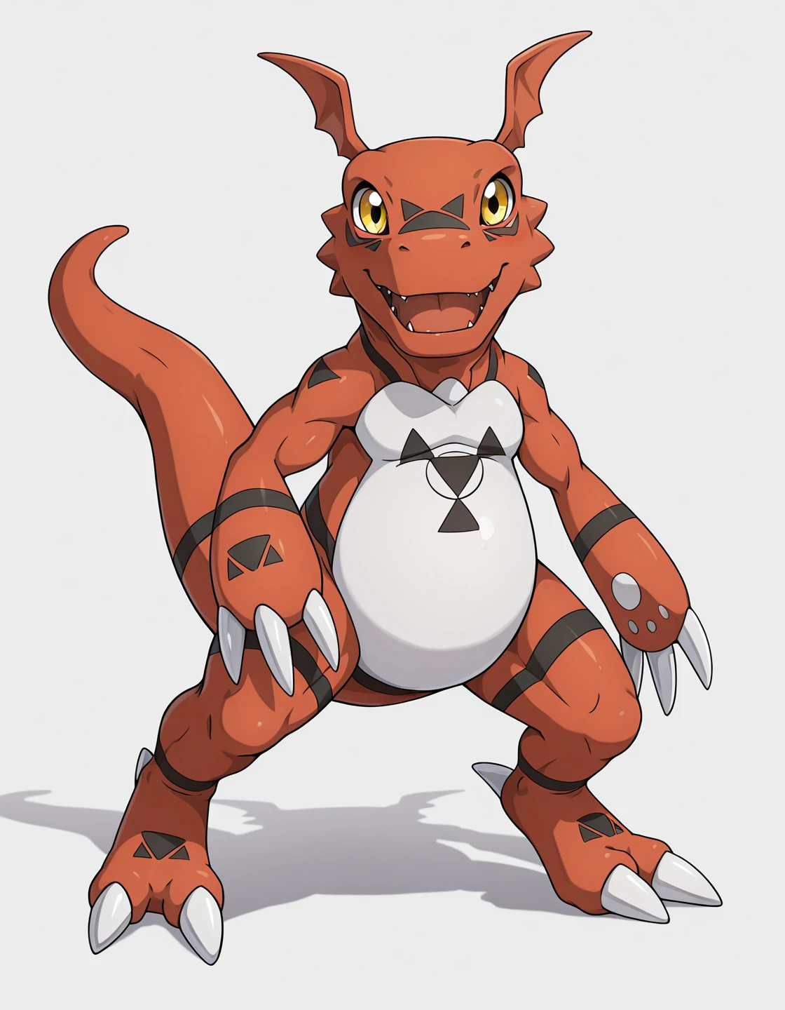 full-length portrait, solo, white background, <lora:Digimon_-_Guilmon_IL:1> guilmon, front view