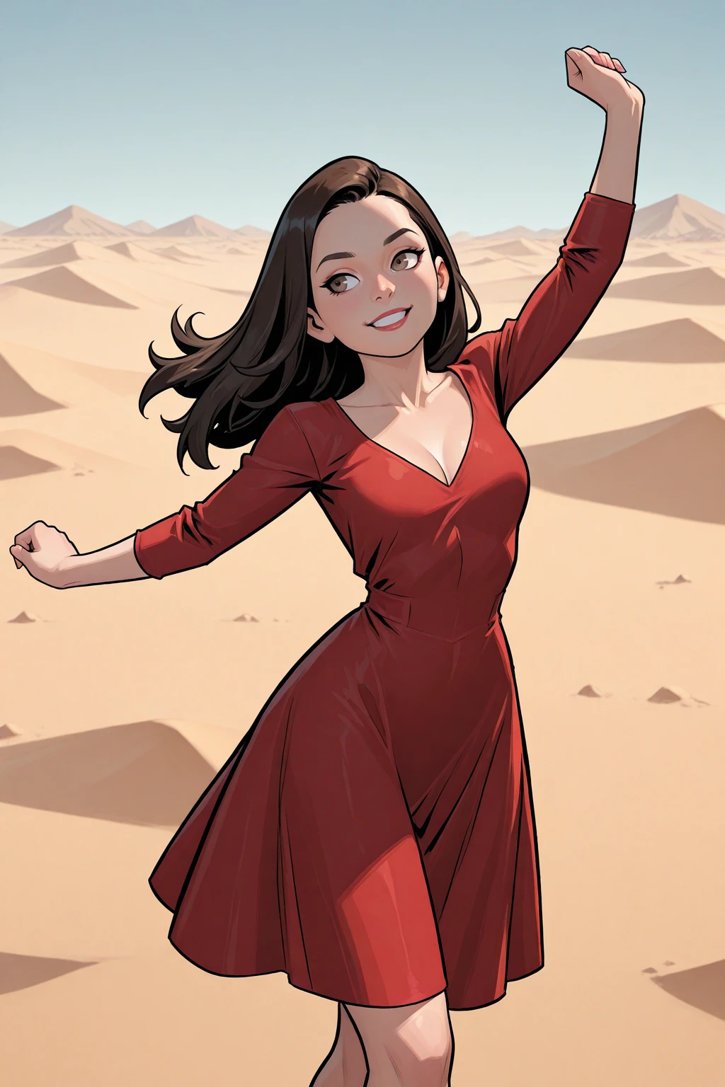 masterpiece, good quality, best quality, very awa, very as2, absurdres, highres
<lora:Carlos GomezStyleilluLYCO:1> cgstyle, (borderless), cowboy shot, smile, outdoors, 1girl, red dress, dancing, in a desert, happy