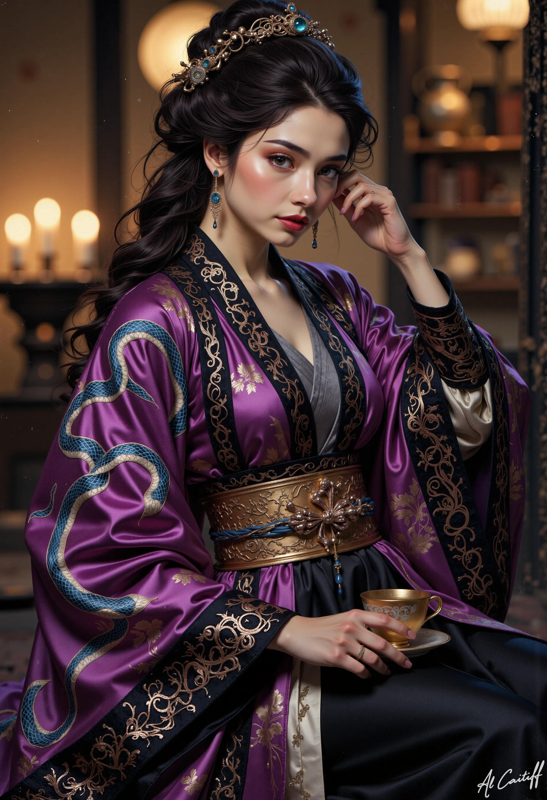 realistic picture of a woman, she has beautiful pink eyes, wearing a snake hanfu. The hanfu is crafted from rich purple, exuding warmth and opulence, and is paired with flowing layers of midnight black silk. The outer robe features bold, embroidered snake motifs in silver and deep blue, the serpents intertwining gracefully along the edges of the sleeves and hem. The inner layer of the hanfu is a shimmering charcoal gray, with a subtle, iridescent sheen reminiscent of snake scales under light. The woman is siting and drinking tea in a chinese temple. Ligh from candles., l1n0c2t<lora:00-test/SnakeHanfu-000037.safetensors:0.25:0.25> <lora:CustomFlux/MysticRealism.safetensors:1.0:1.0> <lora:Flux/flux_realism_lora.safetensors:0.5:0.5> <lora:Flux/Linocut - s1 g4.safetensors:0.5:0.5>