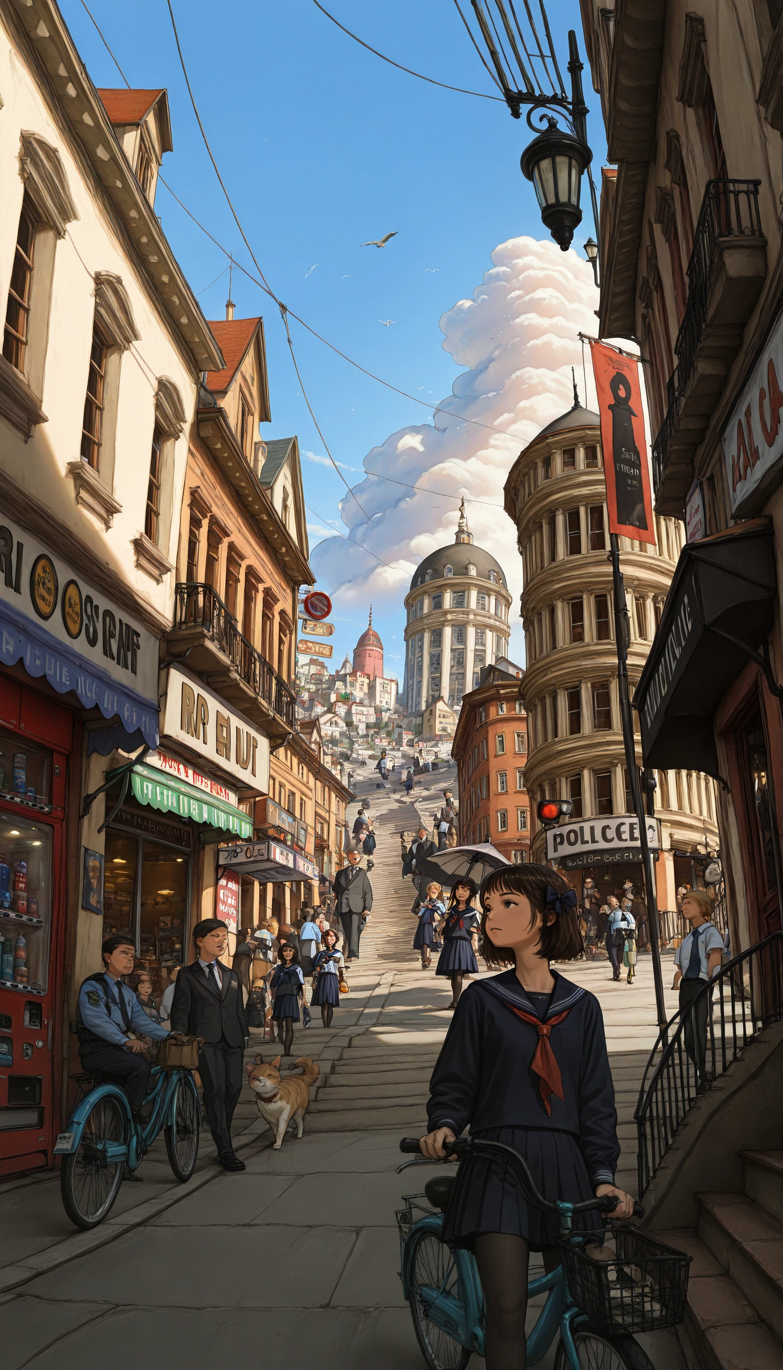 ((cartoon, landscape, cowboy_shot, dutch angle))
((on-the-brink, 1girl, street, road, long_hair, short_hair, multiple_girls, blonde_hair, skirt, brown_hair, black_hair, dress, original, bow, hair_bow, pantyhose, multiple_boys, necktie, serafuku, sky, outdoors, day, cloud, 2boys, bag, blue_sky, window, umbrella, bird, formal, cat, phone, crossover, building, scenery, motor_vehicle, dog, stairs, city, sign, everyone, clock, railing, witch, road, car, riding, cityscape, ranguage, house, black_cat, perspective, police, power_lines, lamppost, real_life, street, bicycle, crowd, album_cover, poster_(object), real_life_insert, road_sign, fisheye, shop, banner, town, traffic_light, balcony, vending_machine))
