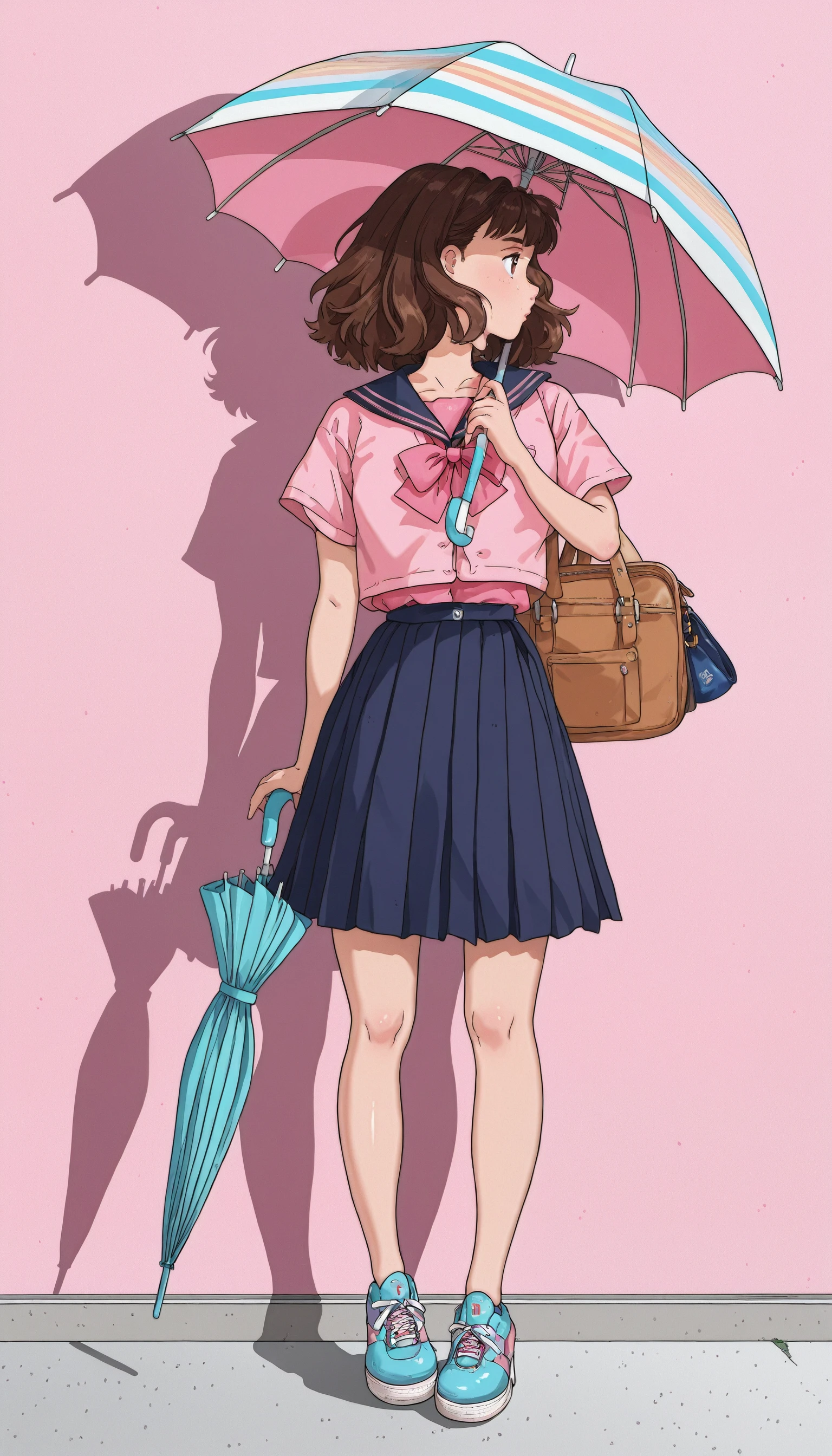 ((Cuti3C0mics, 1girl, shoes, solo, umbrella, bag, shirt, skirt, shadow, short sleeves, profile, brown hair, aqua footwear, pink shirt, pleated skirt, sailor collar))