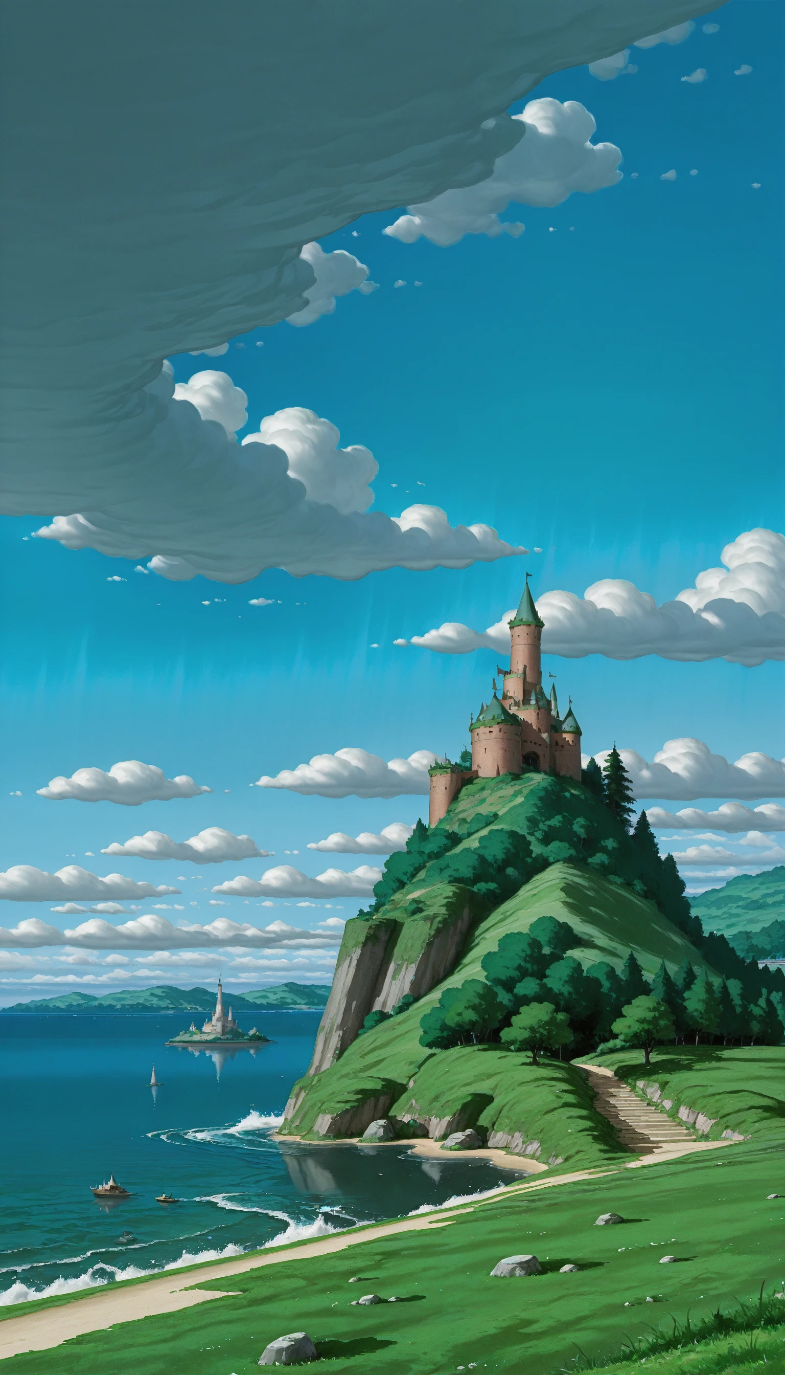 ((cartoon, traditional_media, original, landscape, cowboy_shot, dutch angle))
((on-the-brink, original, sky, outdoors, day, cloud, water, tree, blue_sky, no_humans, shadow, ocean, beach, cloudy_sky, grass, building, nature, scenery, forest, reflection, stairs, rock, fantasy, horizon, watercraft, wall, house, ruins, bridge, castle, river, ship, pillar, tower, landscape, waves, lake, shore, hill, cliff, moss, still_life))