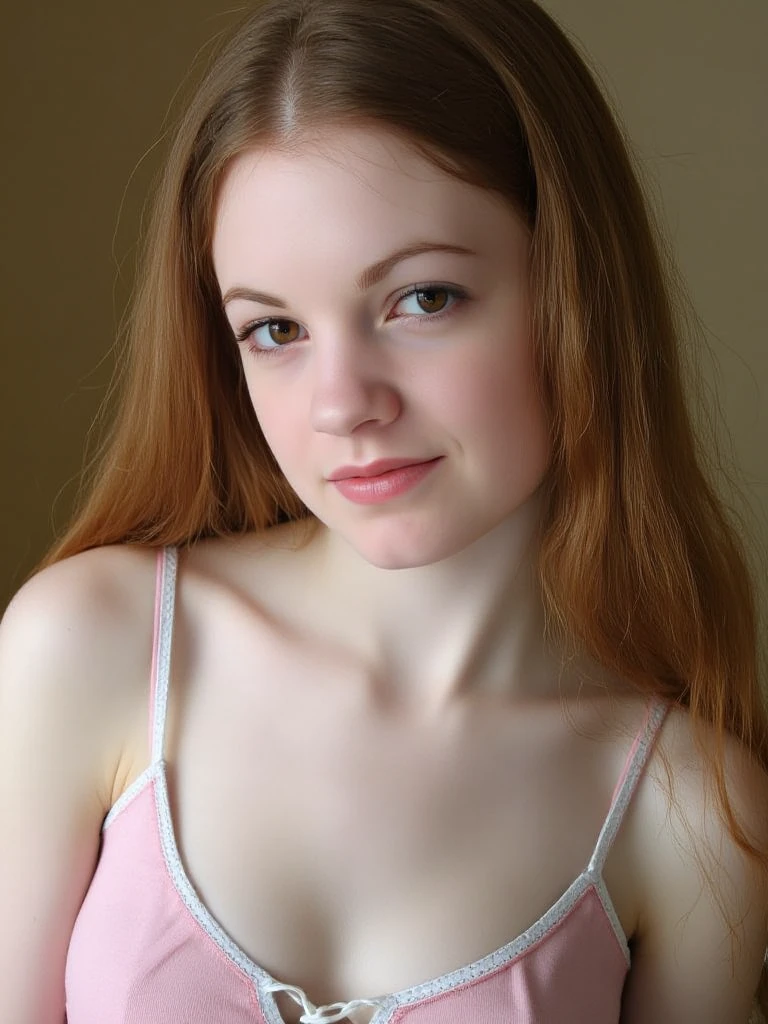 glamour close up portrait of a young woman dressed in casual clothing. Her style is laid-back with a touch of effortless elegance. She has a calm, friendly expression. The scene takes place in an solid backkgroud with soft light. The woman exudes a sense of comfort and confidence.