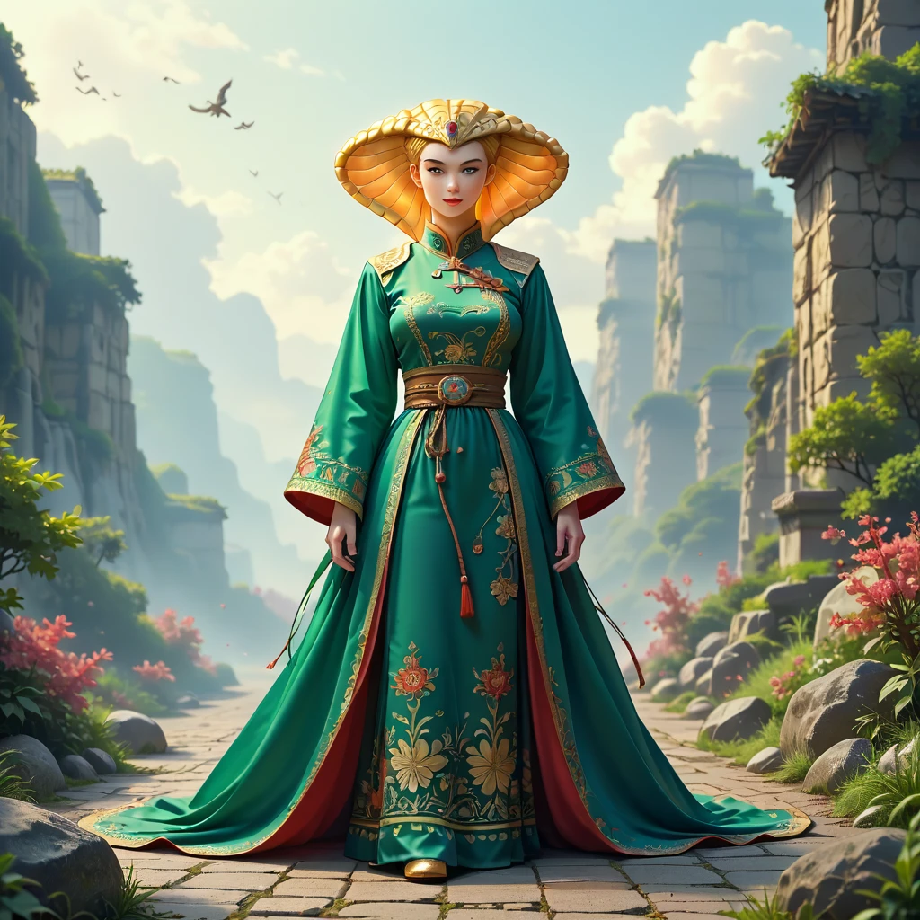 4k,anime,manga style, extremely detailed wide view of amazing scene everything detailed, a digital drawing in a vibrant, cartoonish style, it depicts a regal, cobra-like creature standing in the center of a lush, green landscape, the creature is dressed in a form-fitting, teal-colored gown with intricate gold detailing around the neckline and hem, the gown is cinched at the waist with a brown belt, and the cobra's body is adorned with a bright yellow and white striped pattern, its eyes are a striking blue, and it has a confident, slightly mischievous expression, surrounding the creature are four smaller creatures, all dressed in similar blue and gold attire, they are standing on a stone path, with one in the foreground and two in the background, the background features tall, cylindrical structures with moss-covered tops, suggesting a medieval or fantasy setting, the sky is overcast, with a few scattered clouds, the overall mood is one of mystery and intrigue, with the creature's regal presence dominating the scene, (HD, masterpiece, best quality, hyper detailed, ultra detailed),amazing, , traditional_chinese_clothes_sdxl<lora:pony\mine\traditional_chinese_clothes_sdxl.safetensors:0.6:0.6>
