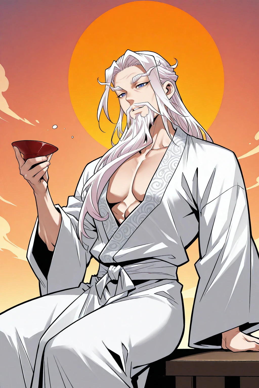 masterpiece, good quality, best quality, very awa, very as2, absurdres, highres
<lora:Carlos GomezStyleilluLYCO:1> cgstyle, (borderless), cowboy shot,
<lora:Ji TiandaoIllustriousLoRA:0.8>jitiandao, long hair, thick eyebrows, white hair, facial hair, beard, mustache, old, kimono, long sleeves, wide sleeves, mature male, muscular male, pectoral cleavage
holding cup of sake, sitting, dusk, orange sun, smile