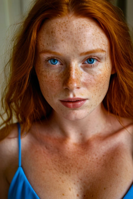 masterpeice, best quality, ultra realistic, freckles, freckled skin, 1girl, solo, long hair, looking at viewer, blue eyes, cleavage, jewelry, parted lips, lips, freckles, realistic, <lora:Freckles_XL:1>