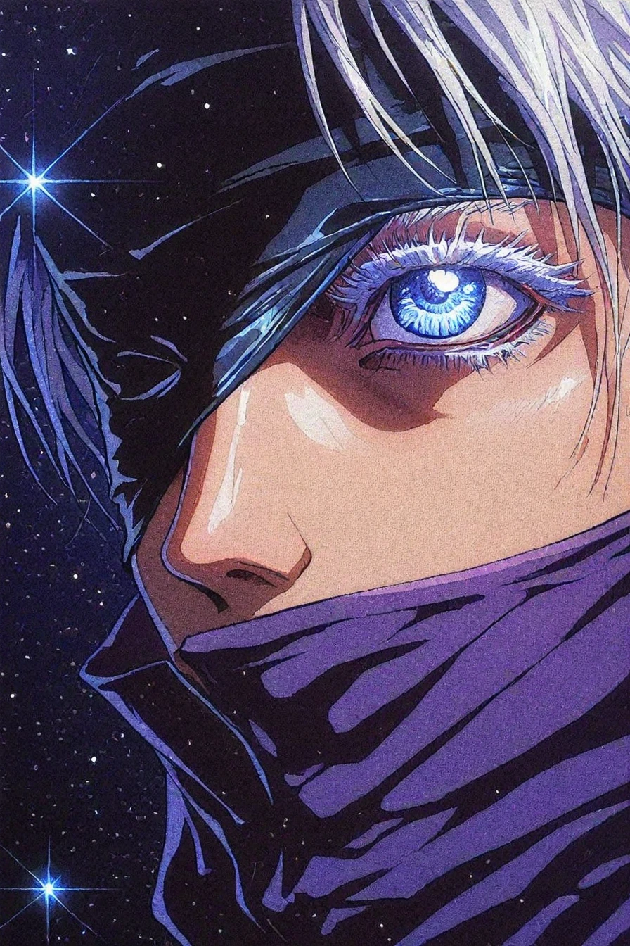 <lora:GojoSatoruPony:0.6> SatoruGojo, gojou satoru, white hair, high collar, blindfold, one covered eye, black blindfold, purple jacket, 1boy, solo, alone, eye focus, starry sky, stars, blue eye, <lora:neon_horror_noir_illustriousXL-000021:1>, neon_horror_noir_style, close-up, masterpiece, highres