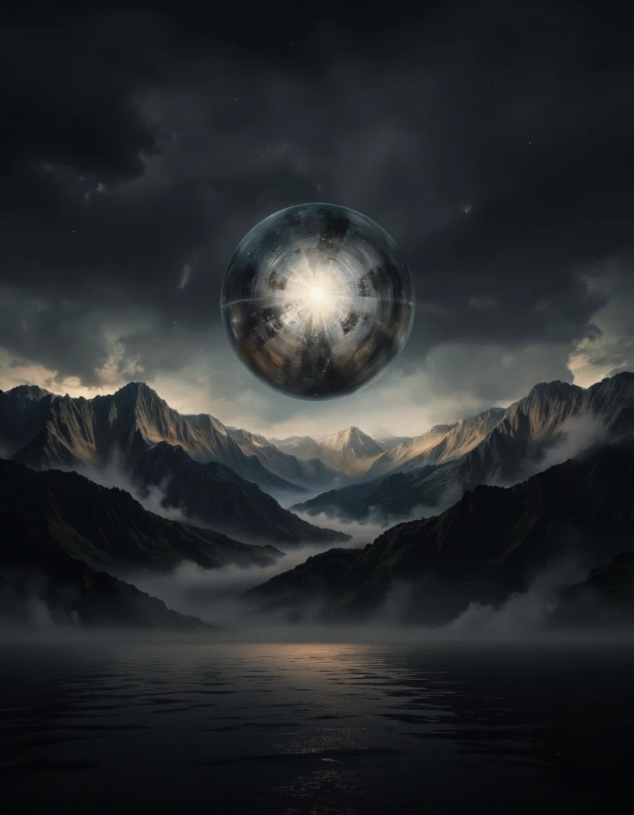 A photo-realistic shoot from a far camera angle about a surreal landscape featuring a large, glowing sphere in the sky over a vast expanse of mountains and water, with a soft, ethereal glow emanating from the horizon. the scene is set against a dark, cloudy sky, with the mountains in the foreground and the water in the background, creating a sense of depth and dimensionality. in the middle of the image, a large sphere appears to be floating above the mountains, illuminated by a bright, glowing light that casts a soft glow on the surrounding landscape. the sphere is a metallic grey color, and it is the only object in the image. the overall mood is one of awe and wonder, as if the viewer is captivated by the beauty of the scene. <lora:landscape:1>