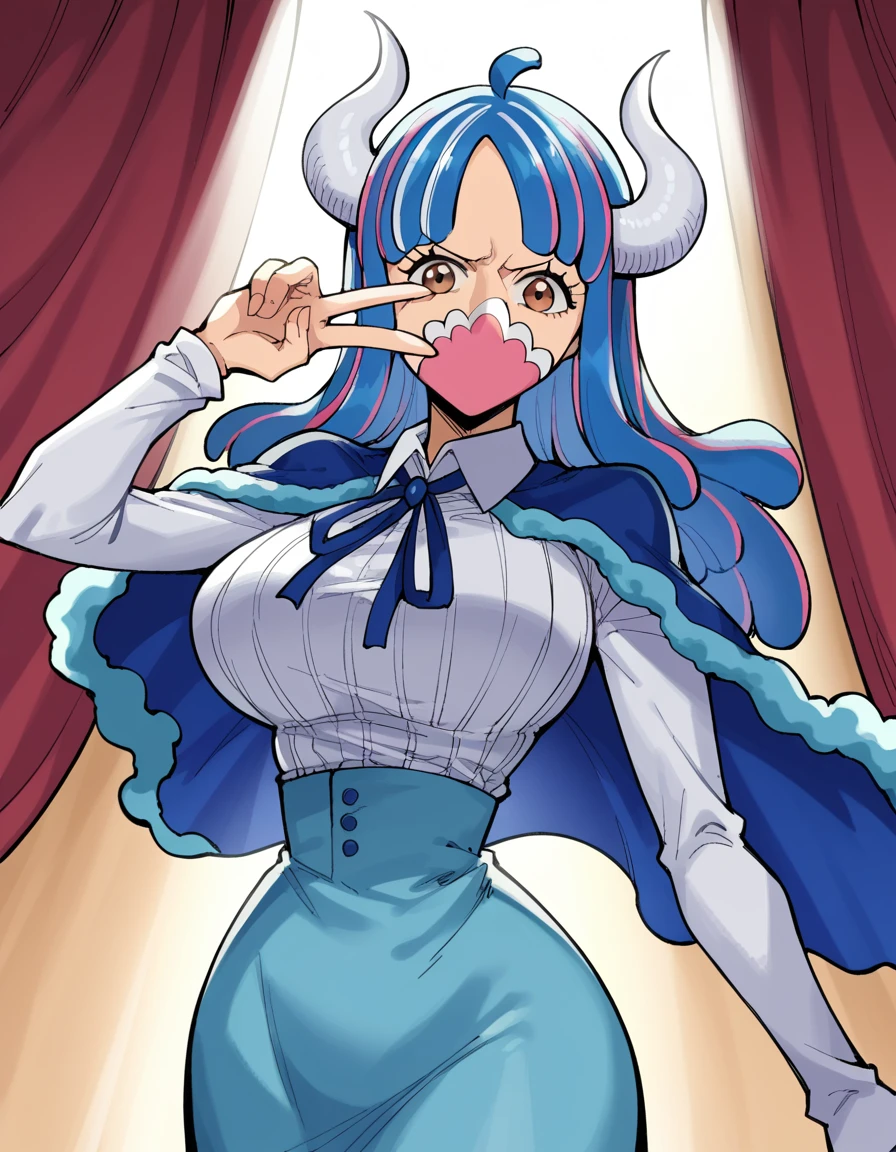 score_9, score_8_up, score_7_up, source_anime, <lora:one-piece-ulti-ponyxl-lora-nochekaiser:1>, ulti, ulti (one piece), blue hair, brown eyes, curled horns, horns, large breasts, multicolored hair, mouth mask, pink mask, two-tone hair,, bluecape, buttons, cape, collared shirt, high-waist skirt, ribbed shirt, skirt, ribbon, blue ribbon,, stage, curtains, spotlight, audience, microphone, , v, v over mouth, smug,, looking at viewer, solo,, cowboy shot, solo