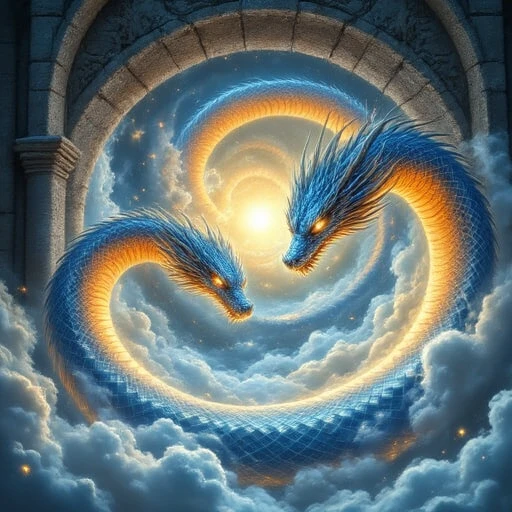 The image is a digital artwork featuring a fantastical, ethereal scene. The image showcases a massive, stone archway made of dark, and white, almost otherworldly appearance. Its body is predominantly shades of fiery orange and yellow, surrealistic style, coiled in a circular formation within a swirling vortex of clouds. Its body is a brilliant blue, shimmering scales that catch the light, piercing eyes that seem to gaze directly at the viewer.