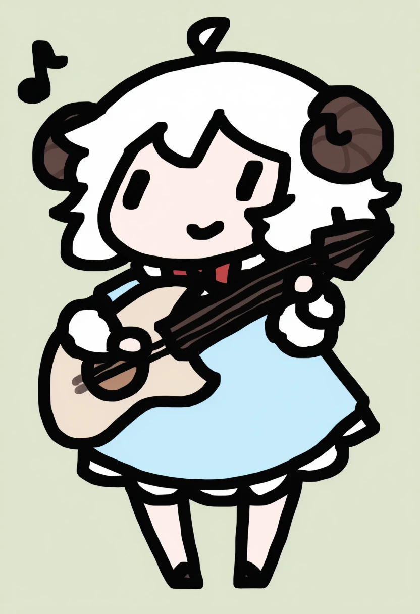 chibi, masterpiece, best quality, <break> full body, solo, 1girl, smile, holding instrument, holding guitar, musical note, white hair, short hair, ahoge, messy hair, sheep horns, sheep girl, bowtie, light blue dress, frills, puffy sleeves