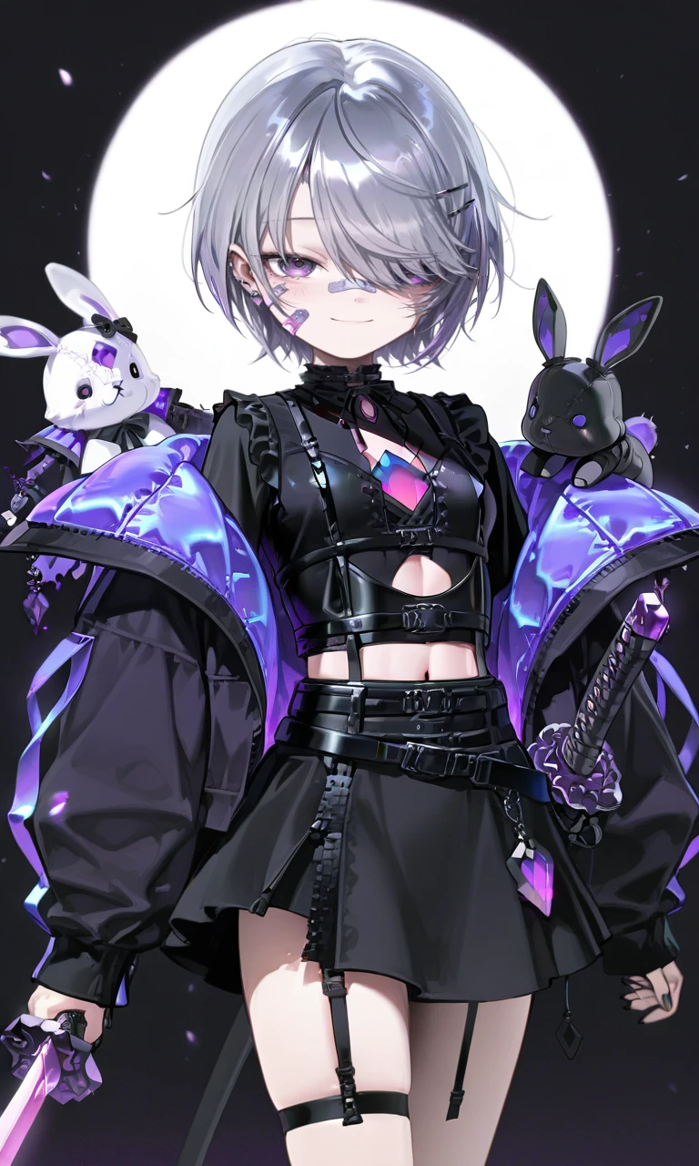 1girl, bandaid on face, grey hair, sword, bandaid, solo, purple eyes, black nails, hair over one eye, jacket, weapon, short hair, holding, hair ornament, skirt, smile, black skirt, looking at viewer, hairclip, black jacket, purple gemstone, gem, holding sword, belt, open jacket, navel, holding weapon, bandaid on nose, open clothes, white background, breasts, nail polish, purple nails, small breasts, bandaid on cheek, katana, clothing cutout, crystal, purple hair, long sleeves, stuffed rabbit, stuffed toy, pink gemstone, purple jacket, off shoulder, blush, black shirt, garter straps