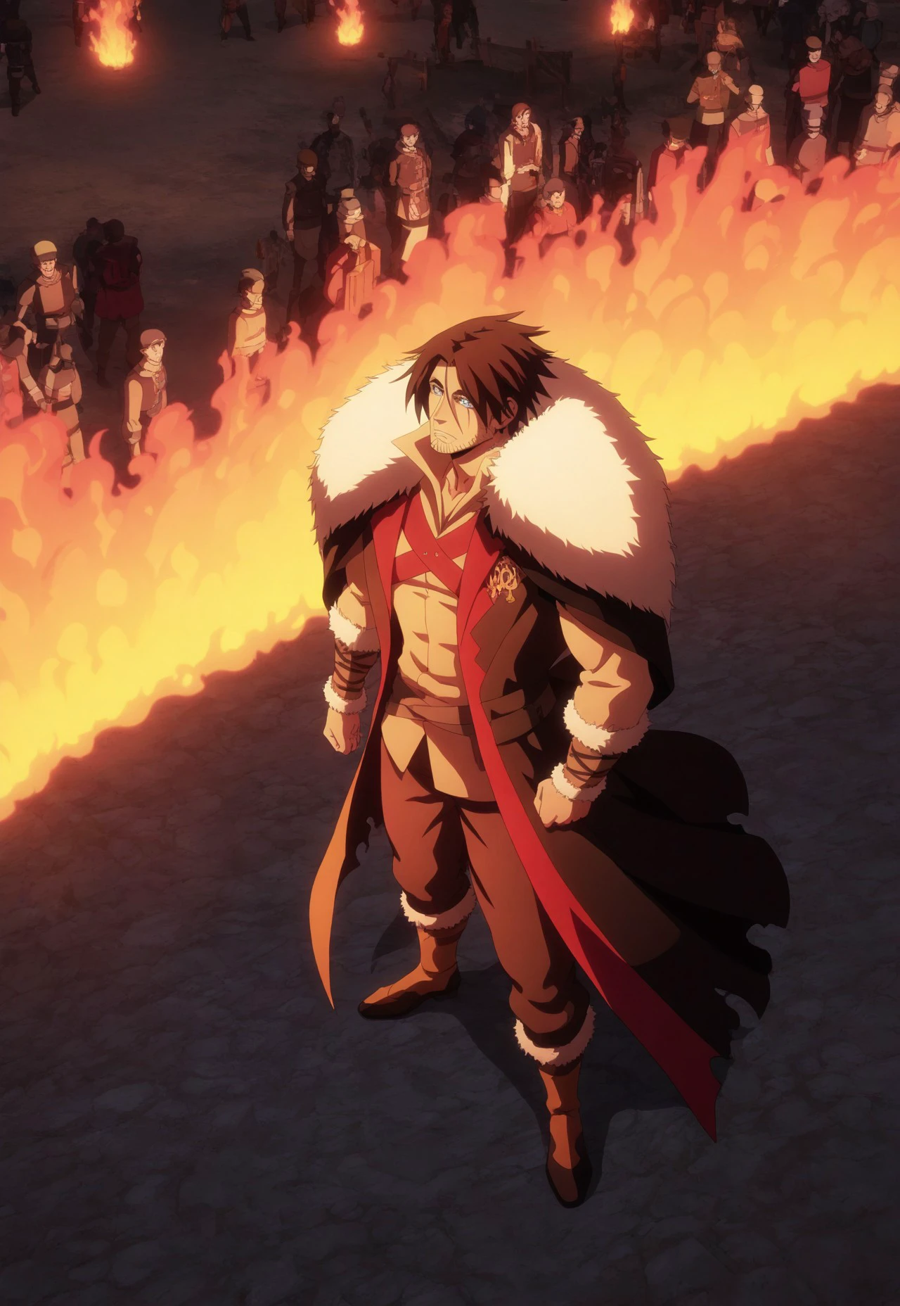 masterpiece, best quality, amazing quality, very aesthetic, absurdres, newest, vampireHunter, 1boy, solo, athletic, brown hair, blue eyes, stubble, thick body hair, hairy, shirt, coat, fur trim, outside, village, fire, from above, crowd, wide shot