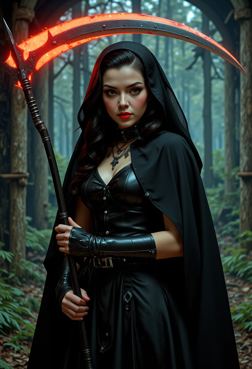 She is approximately 18 years old, full body view, dynamic angles, multiple angles, photoshoot poses; a photo of Angelic@, with dark hair, retro50s_style, she is dressed as the grim reaper, holding a glowing scythe. Movie Poster, Atmospheric, Ultra Detailed, Suffering, Kodachrome, elaborate, intricate, atmosphere, illustrious quality, ambient background, deep rich colors, excellent composition ,making this image a masterpiece of photography and digital art. realistic. making this image a masterpiece of photography and digital art. Style: realistic hyper-detailed rendering, 32k UHD, expressive eyes, punk, graphic design, girl's face, pretty and cute, gleaming lips, telling a tale of adventure. Exuding confidence and serenity. The overall mood of the image is happy and relaxed,detailed skin texture,(blush:0.2),(goosebumps:0.3),subsurface scattering,whimsical,Detailed hand, Perfect hand. Perfection style.aidmafluxpro1.1