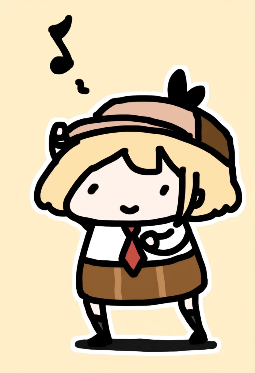masterpiece, best quality, chibi, full body, solo, 1girl, watson amelia \(1st costume\), smile, dancing, deerstalker, dot eyes, musical note, simple background