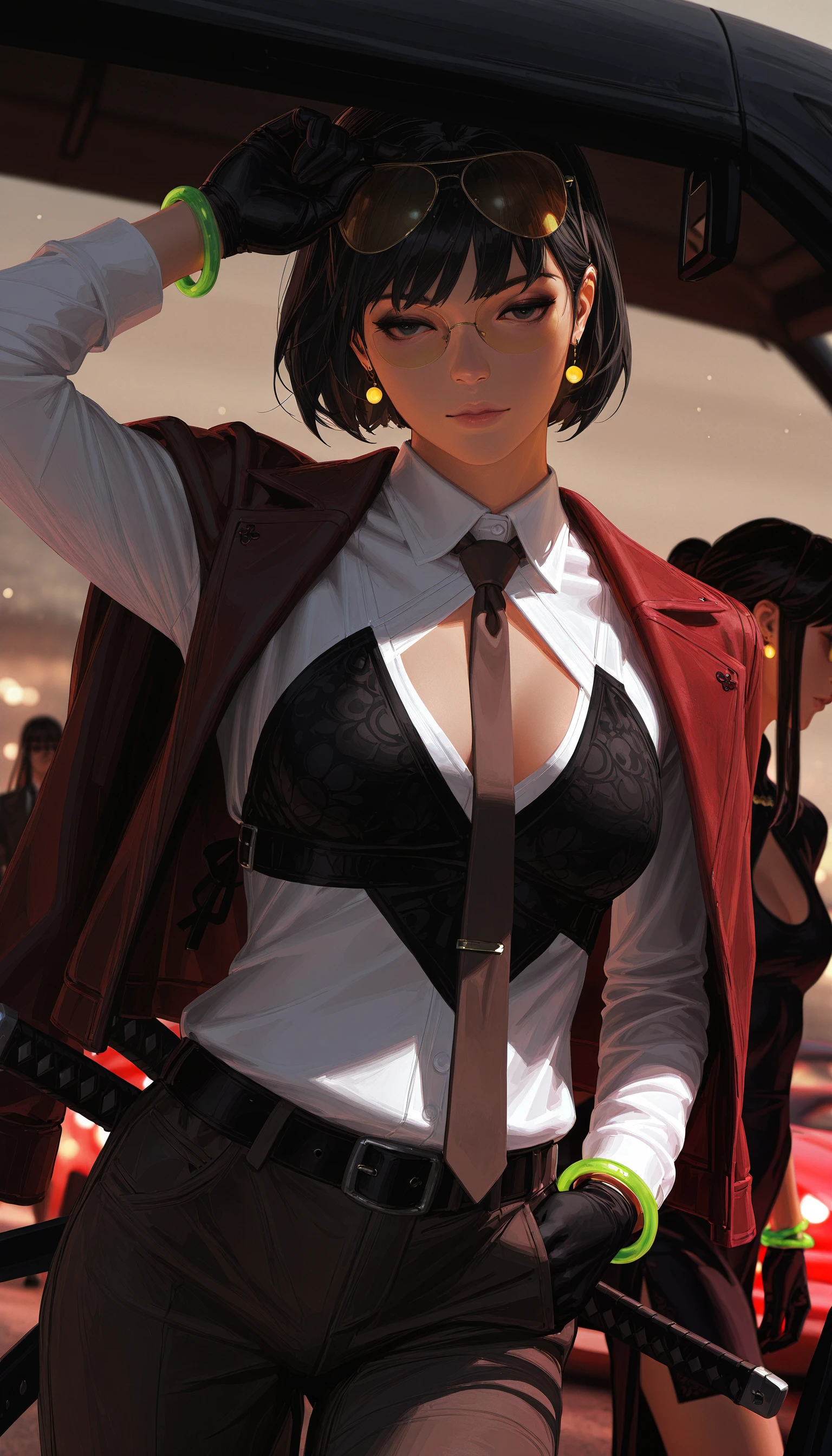 (cowboy shot, seductive headshot portrait, masterpiece, blurry, bokeh, best quality, highly detailed, high-resolution, detailed texture, absurdres, amazing quality, very aesthetic, absurdres, newest, scenery, chiaroscuro, vignetting, dutch angle, depth of field, soft luminescent glow)
((highres, semi-realistic, official art, official wallpaper, absurdres) OMFV2 long hair, breasts, short hair, bangs, multiple girls, shirt, black hair, gloves, long sleeves, dress, holding, 2girls, jewelry, closed mouth, jacket, white shirt, weapon, earrings, outdoors, open clothes, necktie, black gloves, collared shirt, belt, pants, sword, black dress, arm up, bracelet, open jacket, lips, black jacket, cleavage cutout, sunglasses, ground vehicle, china dress, facing viewer, black necktie, eyewear on head, motor vehicle, red jacket, hand in pocket, brown jacket, round eyewear, jacket on shoulders, car, brown dress, brown pants, tie clip, brown necktie, aviator sunglasses, yellow-tinted eyewear)