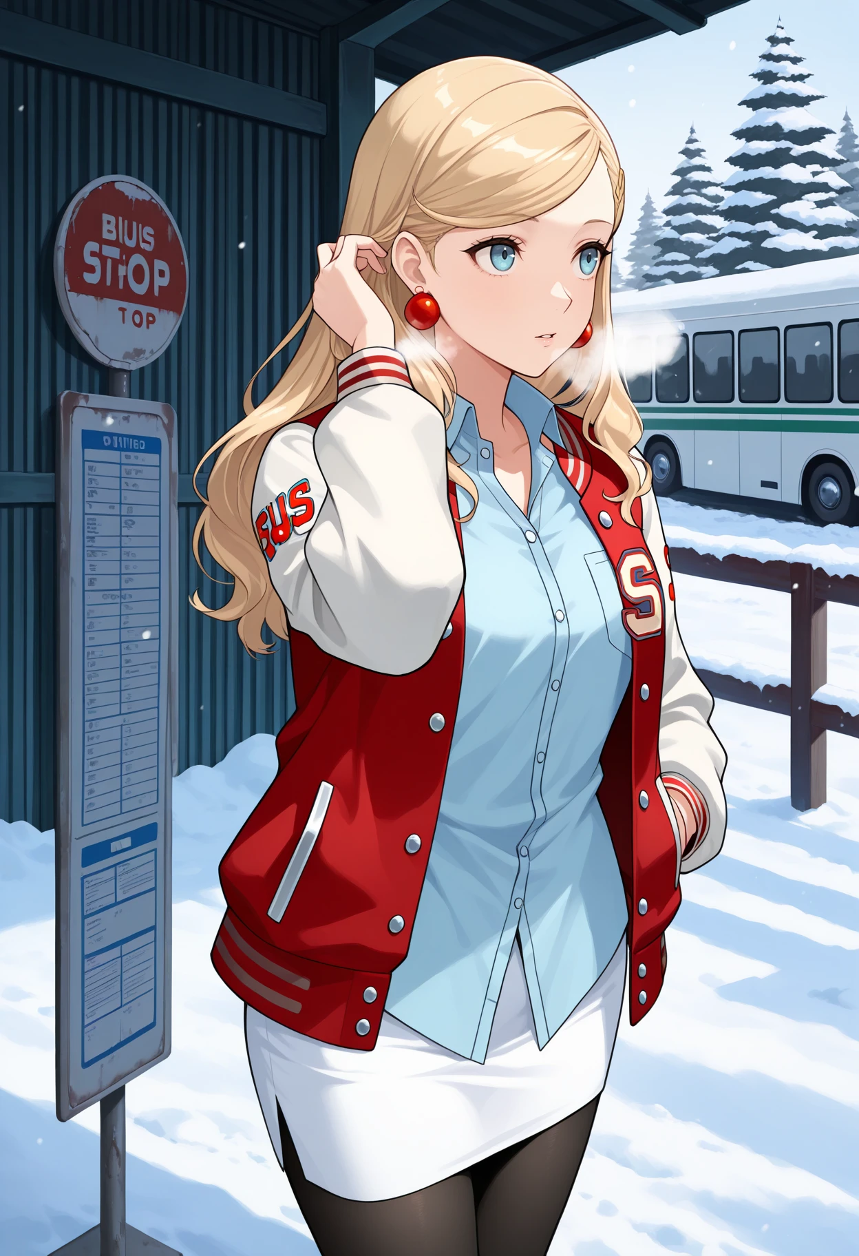 masterpiece, best quality, 1girl, standing, hand in pocket, looking afar, parted lips, breath, hair tucking, <lora:AnnP5-illu:1> winAnn, blonde hair, hair down, long hair, swept bangs, hairclip, blue eyes, ball earrings, letterman jacket, long sleeves, light blue shirt, collared shirt, untucked shirt, white skirt, pencil skirt, black pantyhose, snow, bus stop