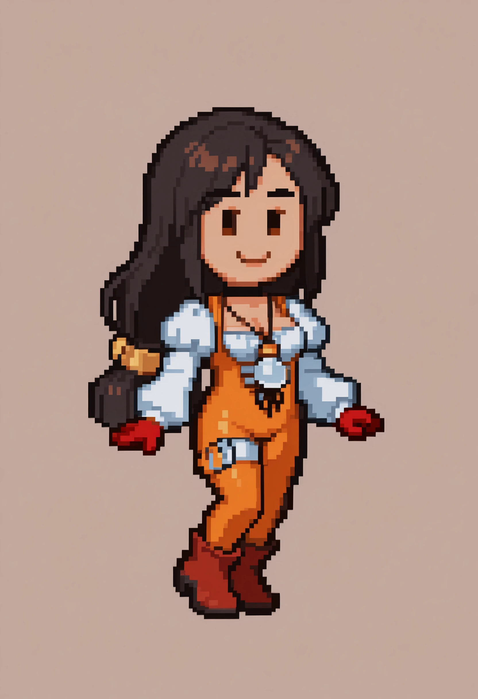 masterpiece, best quality, solo, 1girl, smile, looking at viewer, <lora:PM64-Sprites-illus_Fp:1>, pixel art, full body, chibi, solid oval eyes, simple background, <lora:ffgarnet-illu-nvwls-v1_1:1>, ffixgarnet, black hair, brown eyes, low-tied long hair, pendant, black choker, orange bodysuit, cross-laced bodysuit, cleavage, white shirt, puffy sleeves, white sleeves, red gloves, thigh strap, brown boots
