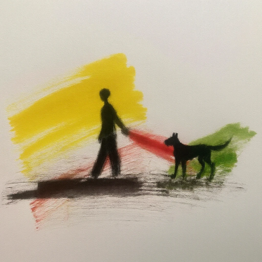 inkominko, This image is a watercolor painting on paper. The scene features a simple, abstract composition of a person walking with a dog. The person is depicted as a black silhouette with a slender, elongated body and a head that is slightly bent forward. The dog is also depicted as a black silhouette, standing beside the person, with a similar elongated shape.
The background consists of broad, sweeping brushstrokes in vibrant colors. The dominant colors are yellow, red, and green, which create a dynamic and lively atmosphere. The yellow brushstrokes are located at the top of the image, transitioning into red and green brushstrokes that form a diagonal band across the middle of the painting, giving the impression of a path or landscape. The bottom of the image is filled with more red and green brushstrokes, creating a sense of movement and depth.
The texture of the paper is visible, with visible brushstrokes and watercolor washes adding to the impressionistic feel of the artwork. The overall style is abstract, focusing more on the interaction between the figures and the bold, expressive brushwork rather than detailed realism.