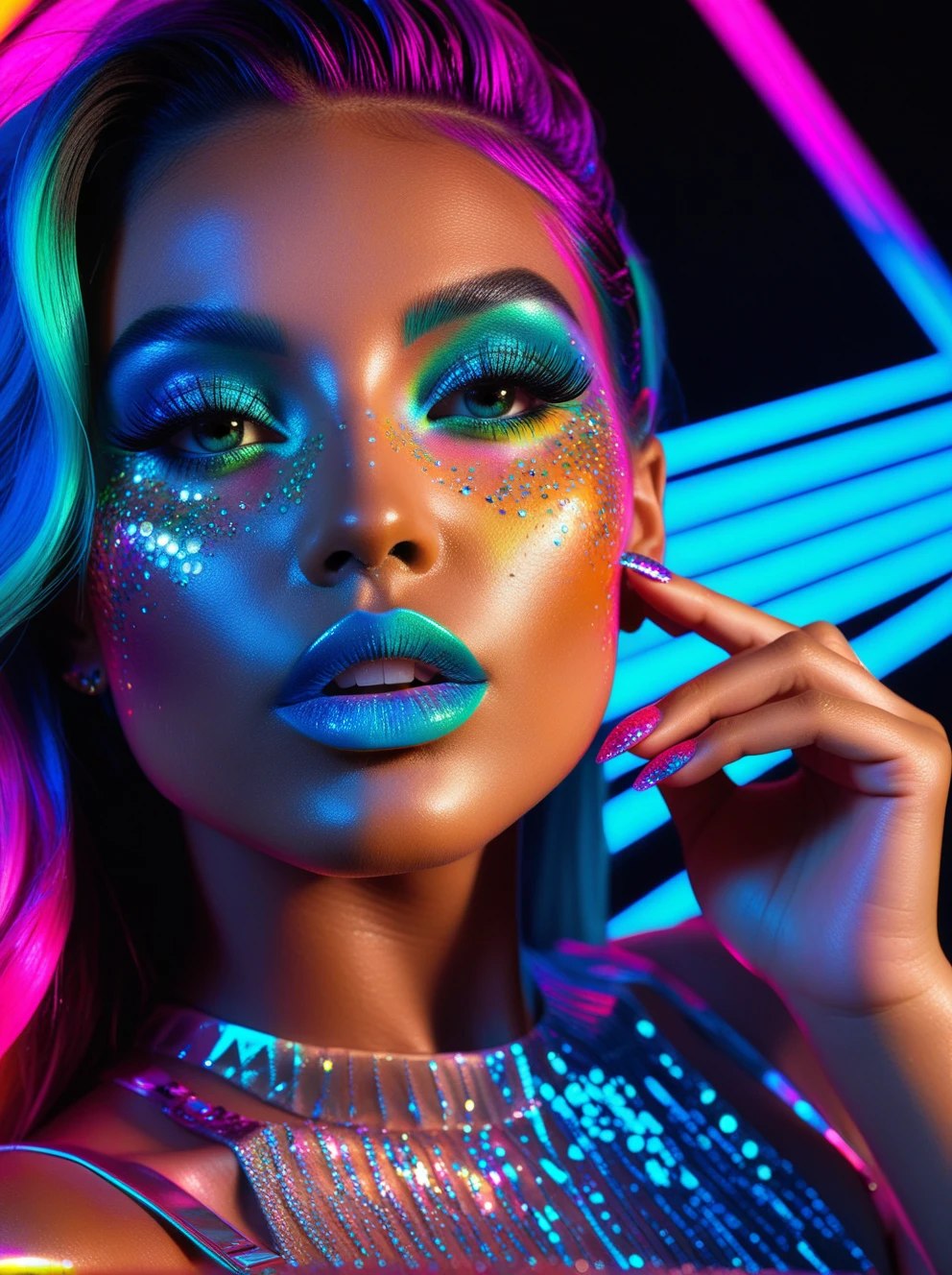 Mesmerizing close-up portrait bathed in vibrant neon colors. Face illuminated by a kaleidoscope of electric hues - cyan, magenta, yellow, and emerald green. Striking contrast between cool blues and warm oranges across the features. Iridescent, glitter-like particles scattered over the skin, creating a cosmic effect. Piercing eyes with multicolored reflections, framed by dramatic lashes. Lips shimmering with holographic sheen. Hair melting into the background in streaks of hot pink and electric blue. Sharp contours accentuated by bold color transitions. Black background amplifying the intensity of the neon palette. Cyberpunk aesthetic meets high-fashion makeup artistry. Hyper-realistic rendering with ultra-sharp focus on every colorful detail.<lora:Positive_Astigmatism_0.6_SDXL-000009:0.1><lora:Astigmatism_0.5b:0.1>