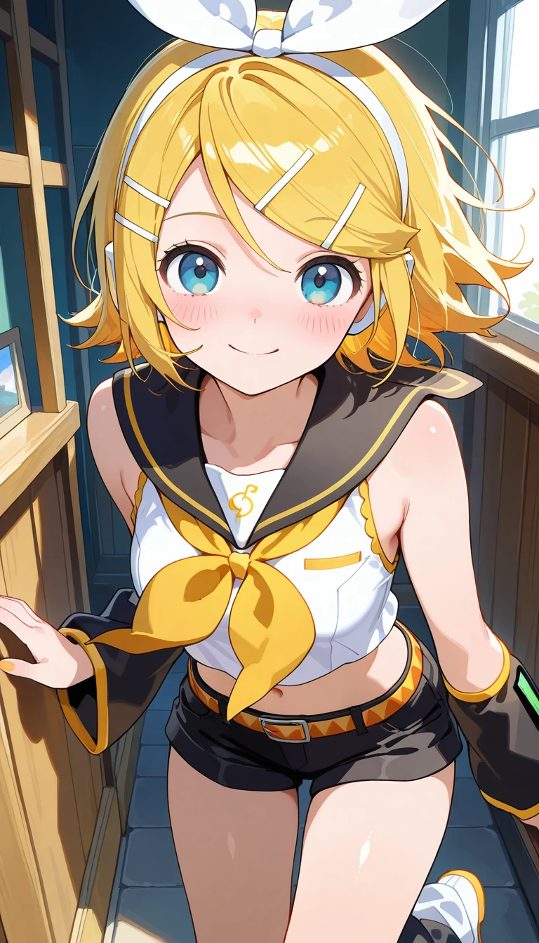 (masterpiece),best quality,amazing quality,very aesthetic,absurdres,newest,perfect body,shiny skin,perfect eyes,detail1eye,well-defined fingers,well-defined fingernails,anime style,indoors,1girl,solo,upper body,(portrait:1.5),looking at viewer,facing viewer,smile,blush,kagamine rin,short hair,blonde hair,floating hair,white hairband,hair bow,white bow,hairclip,swept bangs,blue eyes,collarbone,bare shoulders,black sailor collar,white shirt,sleeveless shirt,crop top,midriff,yellow neckerchief,black sleeves,detached sleeves,medium breasts,navel,stomach,orange belt,fringe,short shorts,black shorts,leg warmers,white footwear,<lora:Kagamine Rin(voc)-Illus-Remake:1.8>,