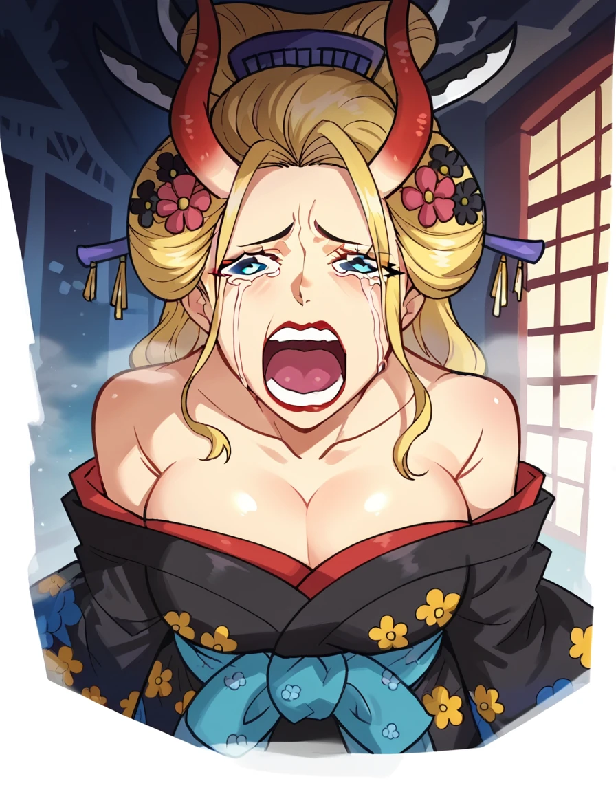score_9, score_8_up, score_7_up, source_anime, <lora:black-maria-ponyxl-lora-nochekaiser:1>, black maria, blue eyes, long hair, blonde hair, large breasts, hair ornament, flower, horns, hair flower, lips, eyelashes, makeup, lipstick, oni horns, oni, hair stick, kanzashi, anime screencap, cleavage, bare shoulders, collarbone, japanese clothes, horns, wide sleeves, kimono, off shoulder, sash, obi, black kimono,, church, steeple, pews, altar, holy, , <lora:chopper-crying-ponyxl-lora-nochekaiser:1> chopper crying, chopper crying (meme), meme, wavy eyes, crying, tears, teeth, open mouth, tongue,, looking at viewer, solo,, cowboy shot, solo