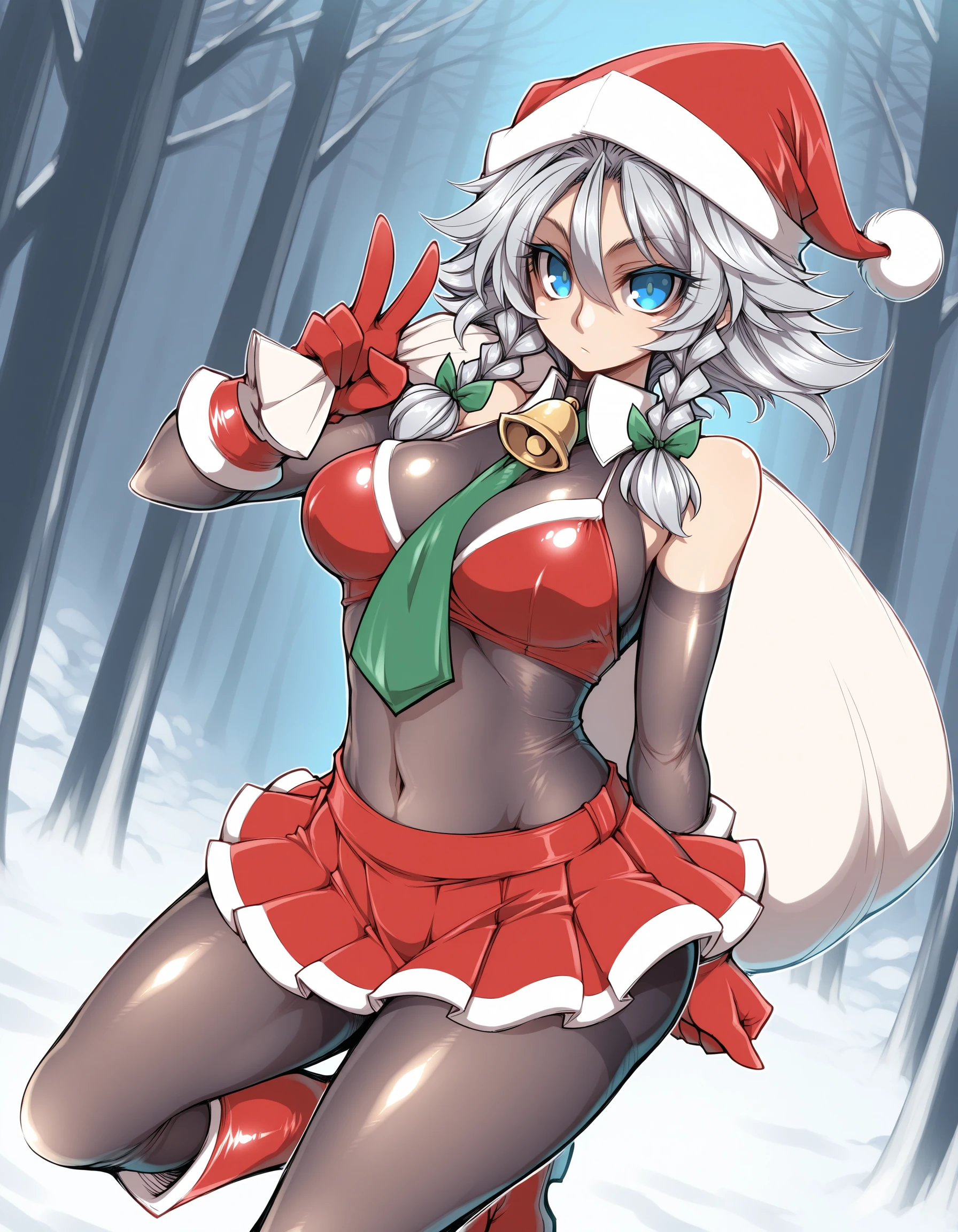 <lora:Sakuya_TajimaYuuki-Illustrious:1>
tajimayuukisakuya, twin braids, blue eyes,
shiny clothes, bare shoulders, tight clothing, messy, santa gloves, santa bikini, santa skirt, pleated skirt, green necktie, shirt collar, neck bell, navel outline, santa hat, santa costume, red boots, fur trim, bodystocking, bodystocking under clothes,
1girl, solo, v sign, expressionless, looking at viewer,
from side, turning,
outdoors, deep snow, forest, holding sack,
(masterpiece, best quality:1.1), high resolution, absurdres,