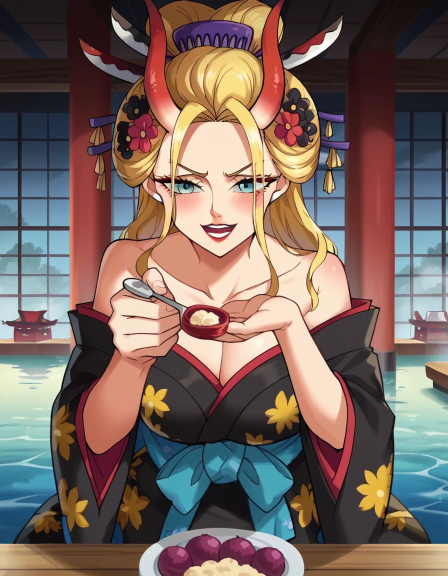 score_9, score_8_up, score_7_up, source_anime, <lora:black-maria-ponyxl-lora-nochekaiser:1>, black maria, blue eyes, long hair, blonde hair, large breasts, hair ornament, flower, horns, hair flower, lips, eyelashes, makeup, lipstick, oni horns, oni, hair stick, kanzashi, anime screencap, cleavage, bare shoulders, collarbone, japanese clothes, horns, wide sleeves, kimono, off shoulder, sash, obi, black kimono,, dock, water, boats, wood, mooring, , <lora:incoming-spoon-ponyxl-lora-nochekaiser:1> incoming food, spoon, holding, holding spoon, food, looking at viewer, open mouth, blush, smile, restaurant, plate, hand up,, looking at viewer, solo,, cowboy shot, solo