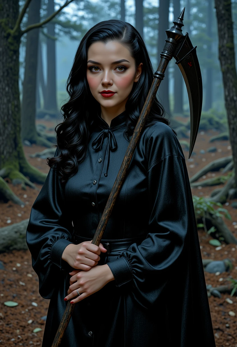 She is approximately 18 years old, full body view, dynamic angles, multiple angles, photoshoot poses; a photo of Angelic@, with dark hair, retro50s_style, a she is dressed as the grim reaper, holding a glwing scythe. Movie Poster, Atmospheric, Ultra Detailed, Suffering, Kodachrome, elaborate, intricate, atmosphere, illustrious quality, ambient background, deep rich colors, excellent composition ,making this image a masterpiece of photography and digital art. realistic. making this image a masterpiece of photography and digital art. Style: realistic hyper-detailed rendering, 32k UHD, expressive eyes, punk, graphic design, girl's face, pretty and cute, gleaming lips, telling a tale of adventure. Exuding confidence and serenity. The overall mood of the image is happy and relaxed,detailed skin texture,(blush:0.2),(goosebumps:0.3),subsurface scattering,whimsical,Detailed hand, Perfect hand. Perfection style.aidmafluxpro1.1
