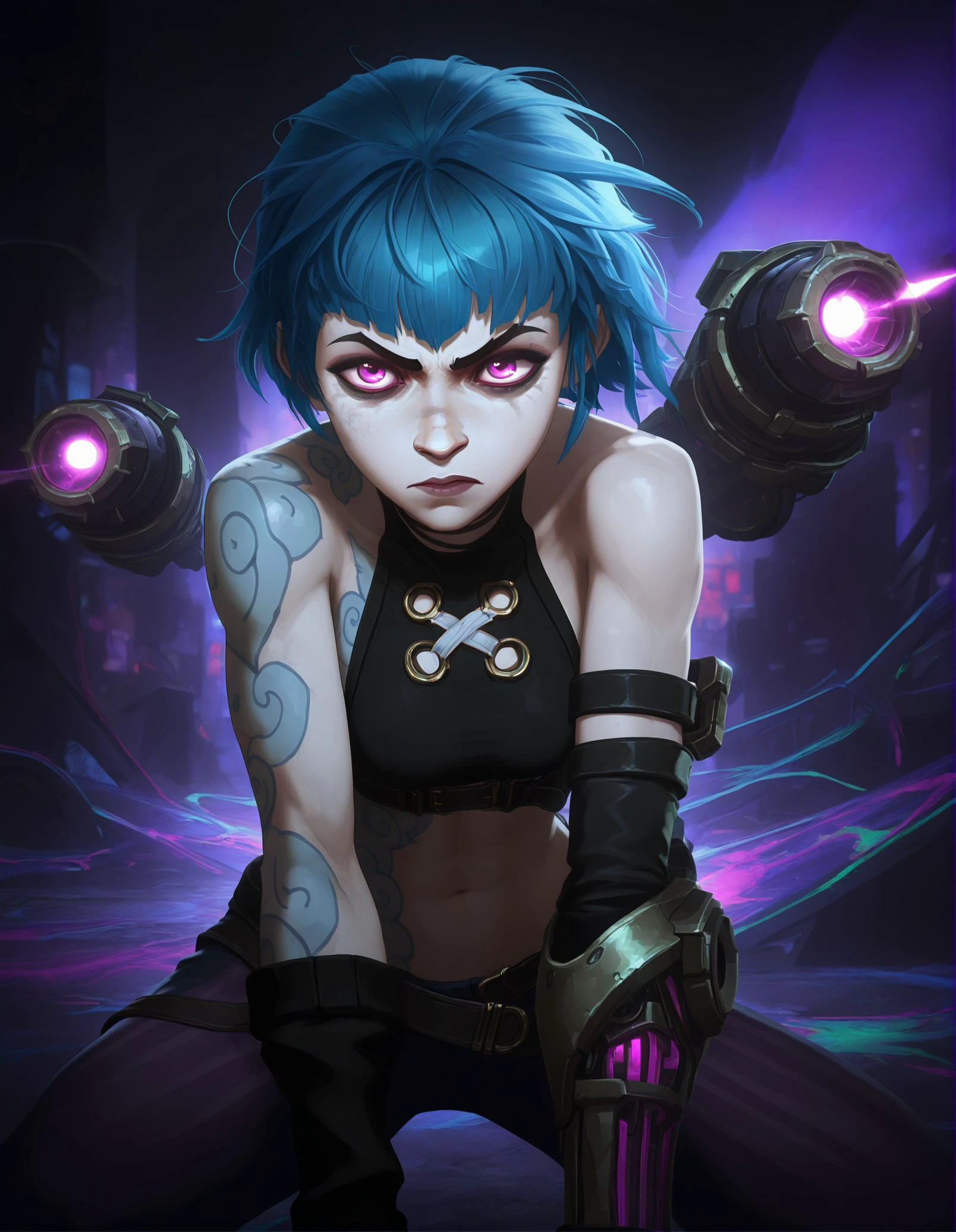 masterpiece, best quality, amazing quality, very aesthetic, absurdres, newest, digital art, drawing, Jinx (League of Legends), blue hair, short hair, cyberpunk style, tattoos, tribal tattoos, black sleeveless top, x-shaped tattoo on chest, black gloves, mechanical arm, neon colors, purple eyes, serious expression, glowing eyes, futuristic background, abstract background, graffiti, dynamic pose, midriff exposed, muscular physique, edgy, anime style, vibrant colors, action-oriented, League of Legends character, Riot Games, digital medium, detailed shading, intricate design, dark and light contrast, fantasy elements, sci-fi elements, Arcane Style, <lora:23029ffd-e4e6-4870-a2b4-fb6b510c1f0b:0.8>