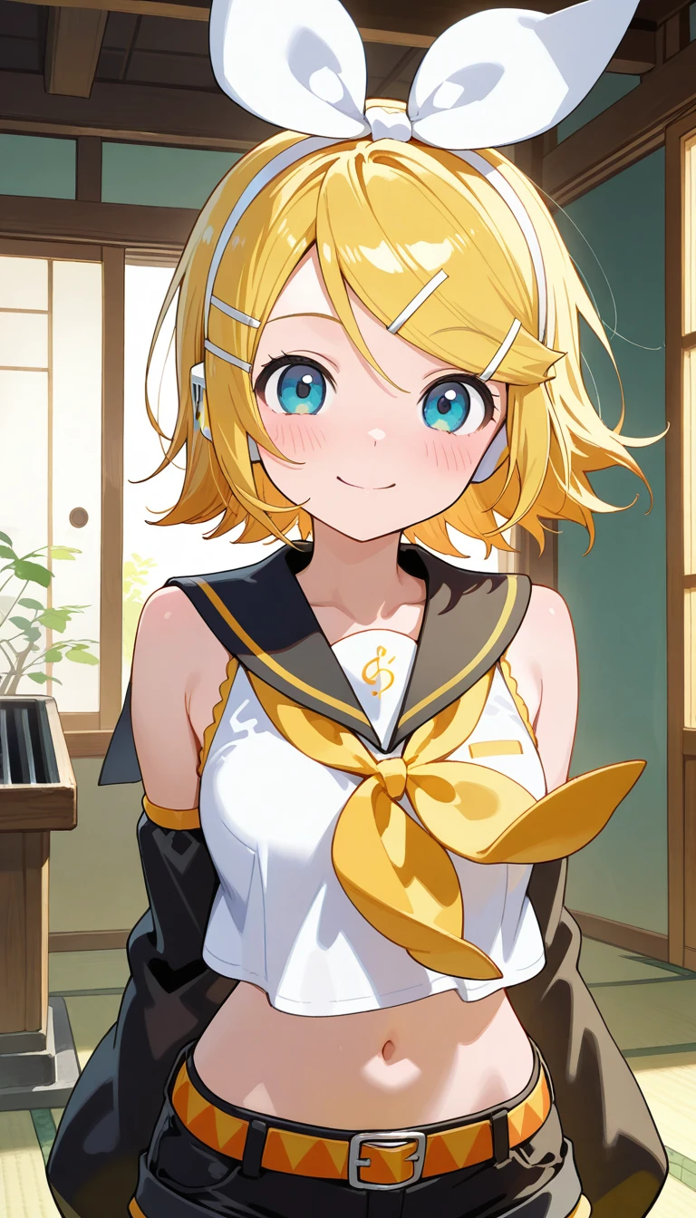 (masterpiece),best quality,amazing quality,very aesthetic,absurdres,newest,perfect body,shiny skin,perfect eyes,detail1eye,well-defined fingers,well-defined fingernails,anime style,indoors,1girl,solo,upper body,(portrait:1.5),looking at viewer,facing viewer,smile,blush,kagamine rin,short hair,blonde hair,floating hair,white hairband,hair bow,white bow,hairclip,swept bangs,blue eyes,collarbone,bare shoulders,black sailor collar,white shirt,sleeveless shirt,crop top,midriff,yellow neckerchief,black sleeves,detached sleeves,medium breasts,navel,stomach,orange belt,fringe,short shorts,black shorts,leg warmers,white footwear,<lora:Kagamine Rin(voc)-Illus-Remake:1.8>,