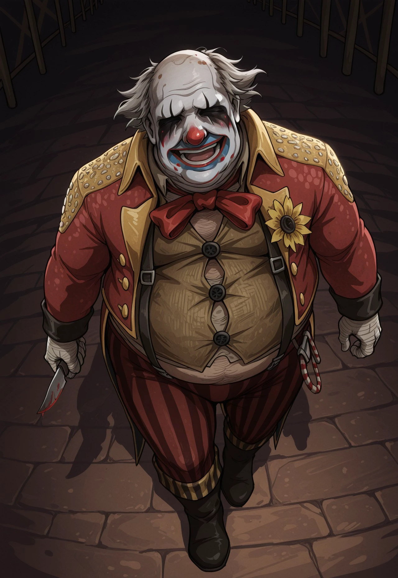 solo, 1boy, c1own, clown, fat, no eyes, painted face, grey hair, red bow, jacket, bandaged gloves, pants, boots, walking towards viewer, holding knife, male focus, circus, laugh, from above, dutch angle,