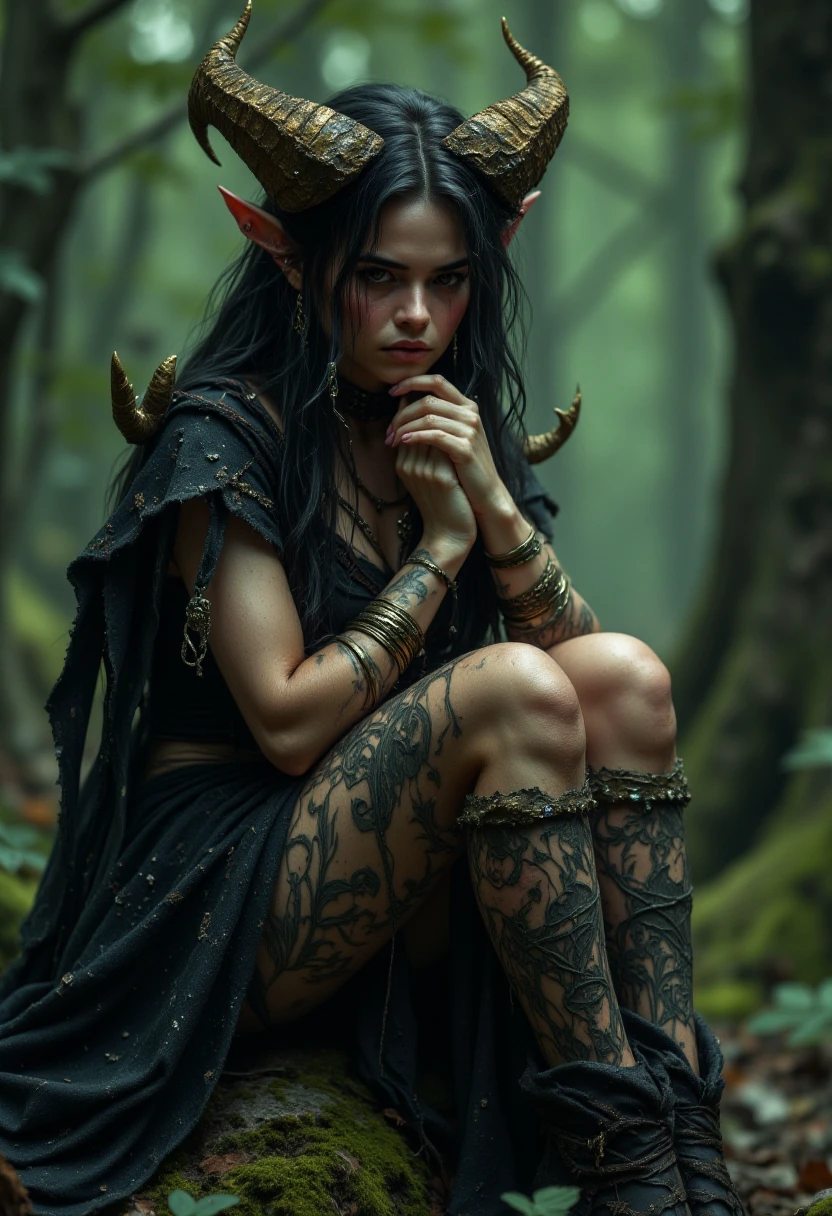Within the shadowy confines of the Enchanted Forest, a witch with intricate tattoos dancing upon her legs and a crown of gleaming horns held court. Her incantations, etched in ancient runes along her skin, whispered secrets to the very trees themselves, ensnaring all who dared to venture near with an irresistible allure.