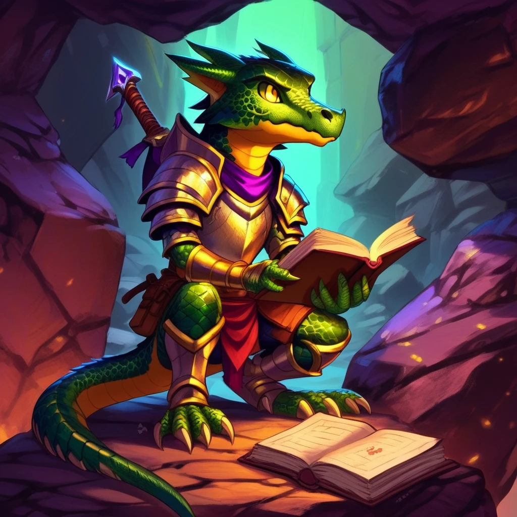 anime artwork <lora:Kobolds - sdxl1.0:1>1boy, armor, full body,male, holding, knife, kobolds, male focus, no humans, open book, scales, reptile, simple background, solo, standing, tail, weapon, yellow eyes, deep cavern, background is purple green jade abandoned mine . anime style, key visual, vibrant, studio anime, highly detailed