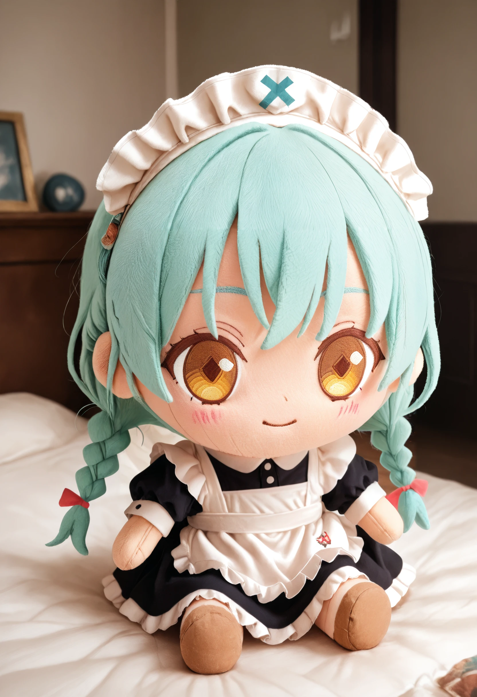 1girl,(sho \(sho lwlw\):0.7),(toosaka asagi:0.5),(sincos:0.3),solo,maid, maid headdress,
(masterpiece:1.1), (best quality:1.1), (newest:1.1), (absurdres:1.1), (highres:1.1),
character doll,chibi, sitting, full body, indoors ,<lora:characterdoll_Illust_v1:0.9>
aqua hair, golden eyes,rivers,twin braids hair,