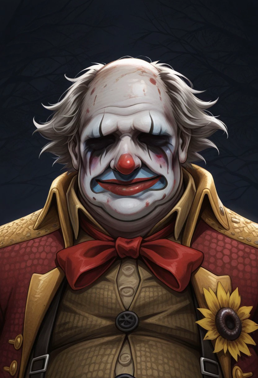 solo, 1boy, c1own, clown, fat, no eyes, painted face, grey hair, red bow, jacket, portrait, male focus,
