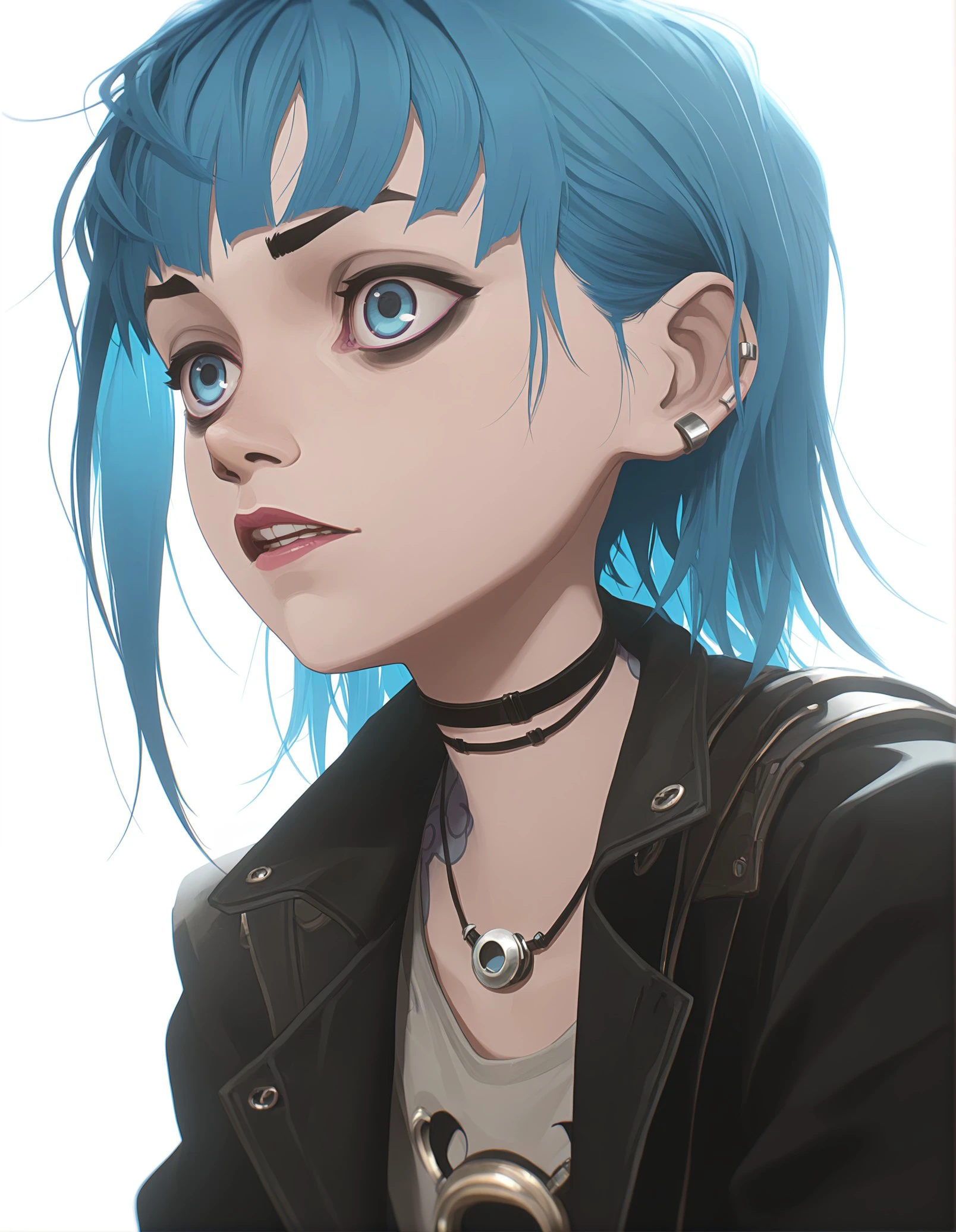 masterpiece, best quality, amazing quality, very aesthetic, absurdres, newest, close up, 1girl, Jinx, solo, jewelry, blue_hair, blue_eyes, necklace, white_background, jacket, piercing, simple_background, choker, shirt, bangs, looking_to_the_side, parted_lips, upper_body, black_jacket, open_clothes, medium_hair, Arcane Style, <lora:23029ffd-e4e6-4870-a2b4-fb6b510c1f0b:0.7>