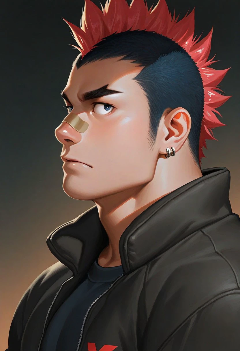 masterpiece,best quality,amazing quality, masterpiece, 1boy, kinagase_tsumugu, bandaid on nose, two tone hair, buzzcut red mohawk, earrings, forked eyebrows, mohawk, sideburns, bara